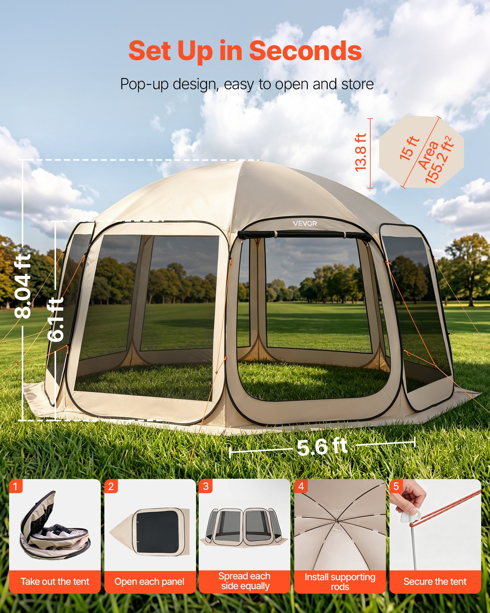 VEVOR Tenda da Campeggio Trasparente con Finestra 4500 x 4250 x 2450 mm Tenda Gazebo a Baldacchino per 12-15 Persone, con Borsa per il Trasporto, Lati in Rete, per Patio e Attività all'Aperto, Beige