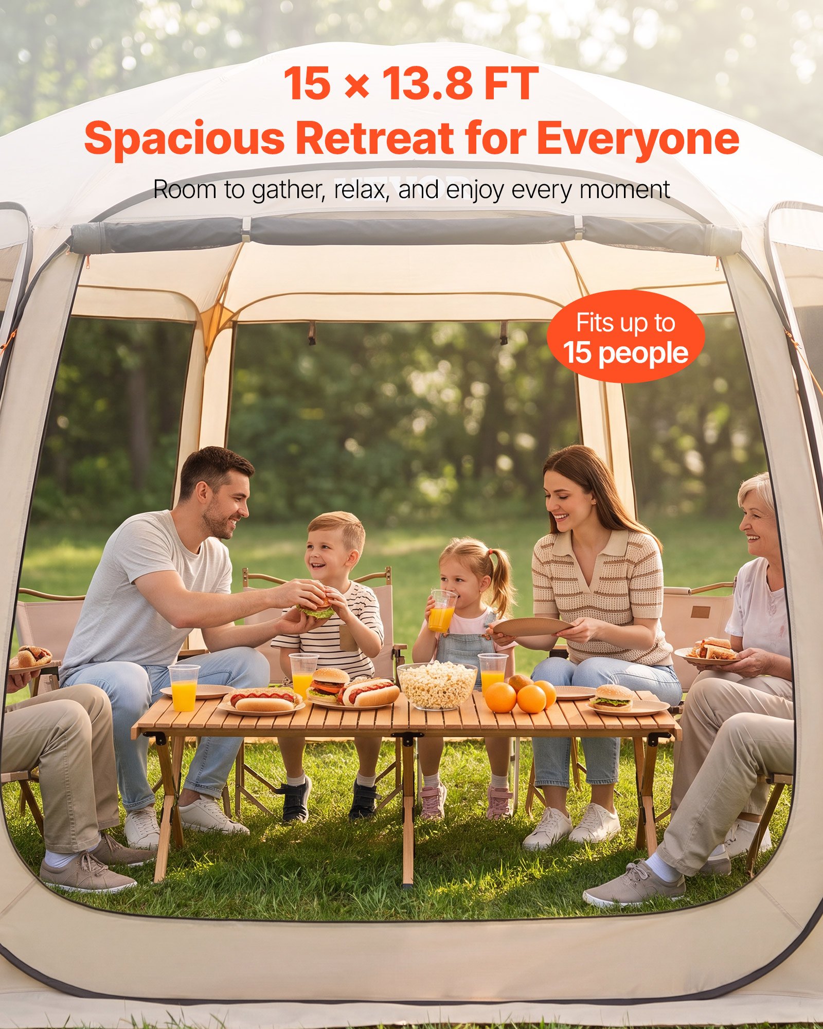 VEVOR Tenda da Campeggio Trasparente con Finestra 4500 x 4250 x 2450 mm Tenda Gazebo a Baldacchino per 12-15 Persone, con Borsa per il Trasporto, Lati in Rete, per Patio e Attività all'Aperto, Beige