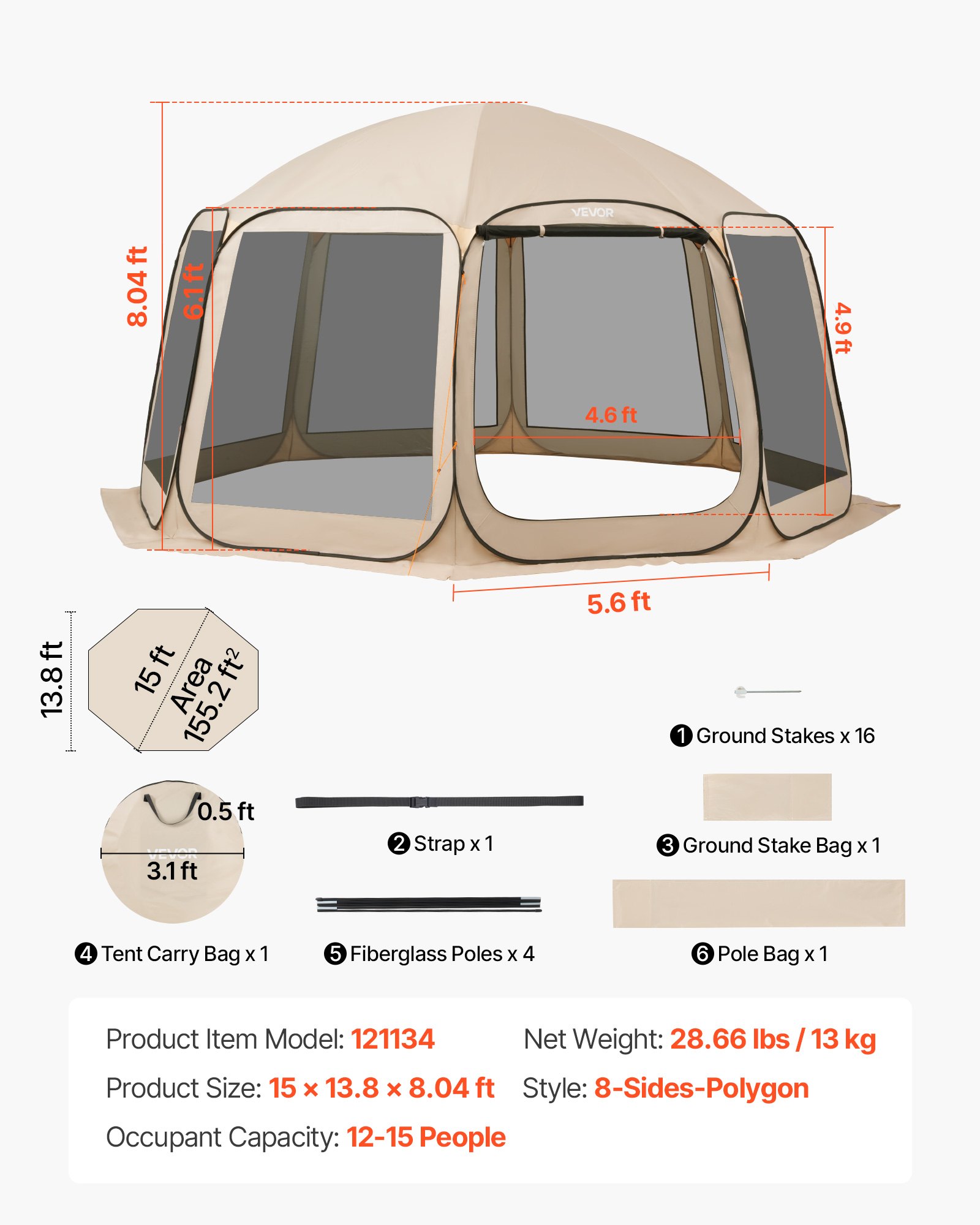 VEVOR Tenda da Campeggio Trasparente con Finestra 4500 x 4250 x 2450 mm Tenda Gazebo a Baldacchino per 12-15 Persone, con Borsa per il Trasporto, Lati in Rete, per Patio e Attività all'Aperto, Beige