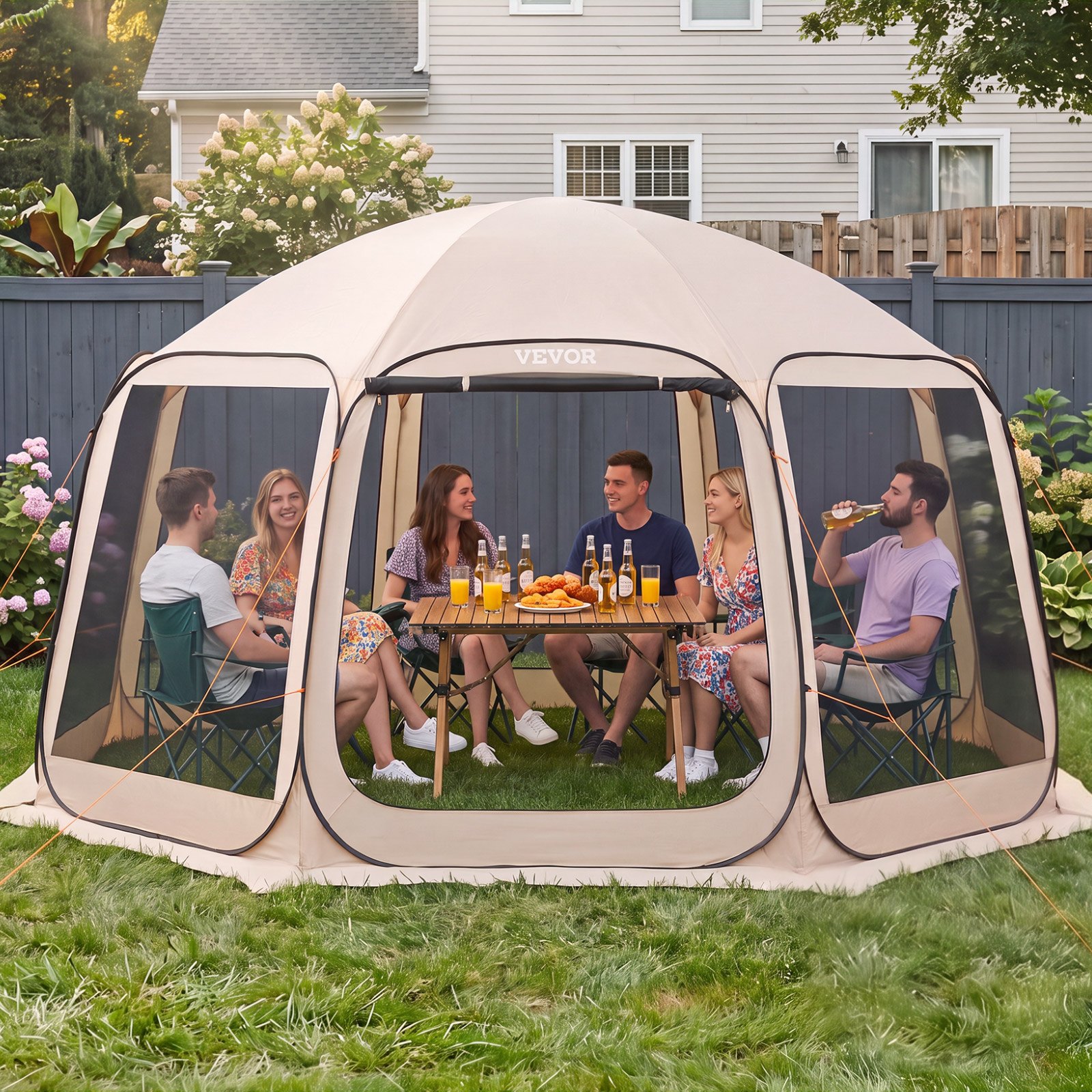 VEVOR Tenda da Campeggio Trasparente con Finestra 4500 x 4250 x 2450 mm Tenda Gazebo a Baldacchino per 12-15 Persone, con Borsa per il Trasporto, Lati in Rete, per Patio e Attività all'Aperto, Beige