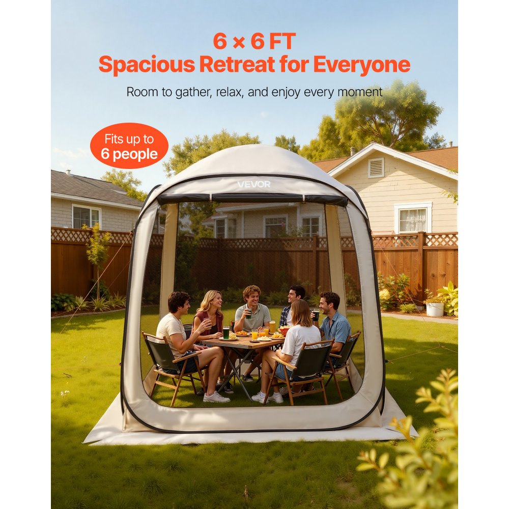 VEVOR Tenda da Campeggio Trasparente con Finestra 1825 x 1825 x 2200 mm Tenda Gazebo a Baldacchino per 4-6 Persone, con Borsa per il Trasporto, Lati in Rete, per Patio e Attività all'Aperto, Beige