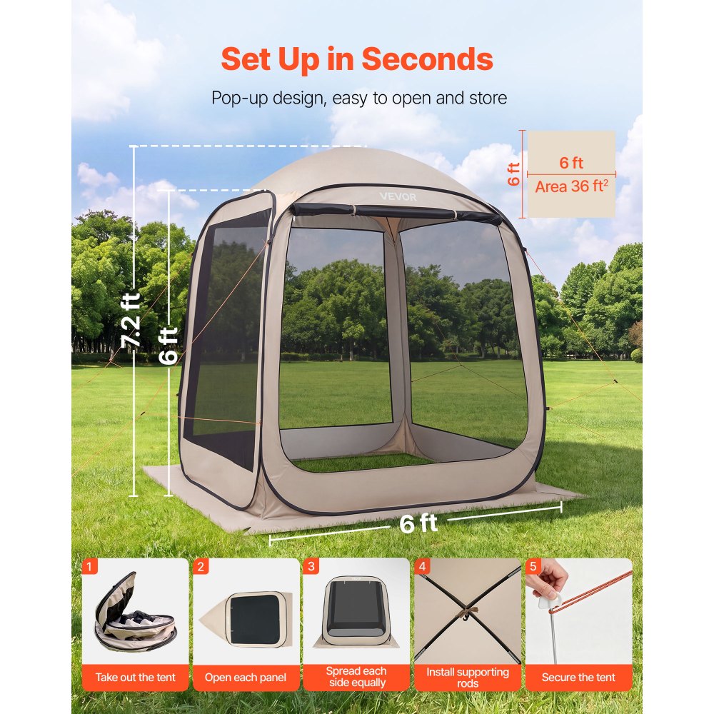 VEVOR Tenda da Campeggio Trasparente con Finestra 1825 x 1825 x 2200 mm Tenda Gazebo a Baldacchino per 4-6 Persone, con Borsa per il Trasporto, Lati in Rete, per Patio e Attività all'Aperto, Beige