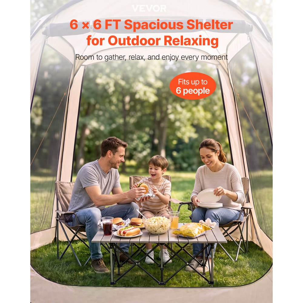 VEVOR Tenda da Campeggio Trasparente con Finestra 1825 x 1825 x 2200 mm Tenda Gazebo a Baldacchino per 4-6 Persone, con Borsa per il Trasporto, Lati in Rete, per Patio e Attività all'Aperto, Beige