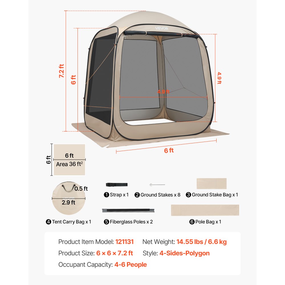 VEVOR Tenda da Campeggio Trasparente con Finestra 1825 x 1825 x 2200 mm Tenda Gazebo a Baldacchino per 4-6 Persone, con Borsa per il Trasporto, Lati in Rete, per Patio e Attività all'Aperto, Beige