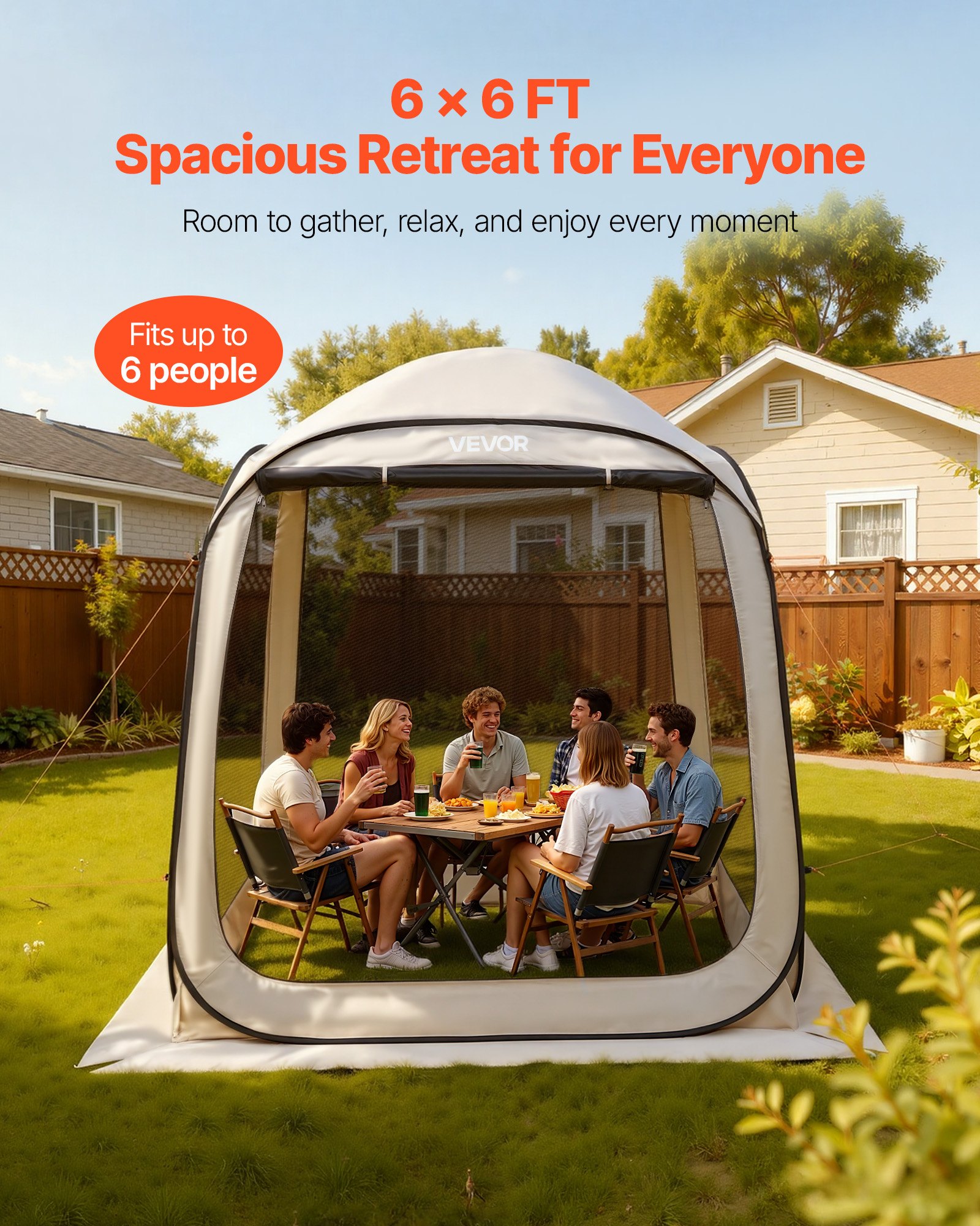 VEVOR Tenda da Campeggio Trasparente con Finestra 1825 x 1825 x 2200 mm Tenda Gazebo a Baldacchino per 4-6 Persone, con Borsa per il Trasporto, Lati in Rete, per Patio e Attività all'Aperto, Beige