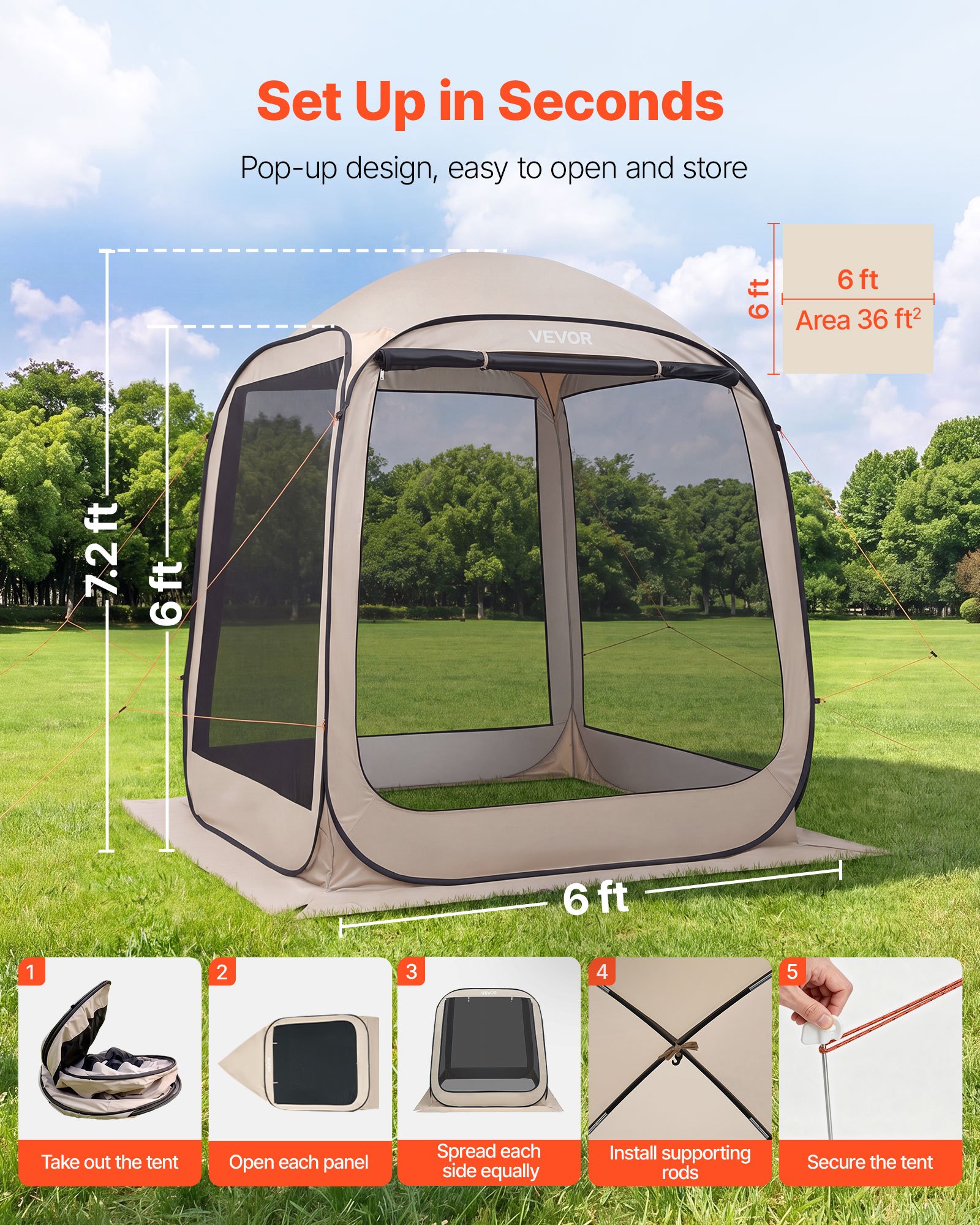 VEVOR Tenda da Campeggio Trasparente con Finestra 1825 x 1825 x 2200 mm Tenda Gazebo a Baldacchino per 4-6 Persone, con Borsa per il Trasporto, Lati in Rete, per Patio e Attività all'Aperto, Beige