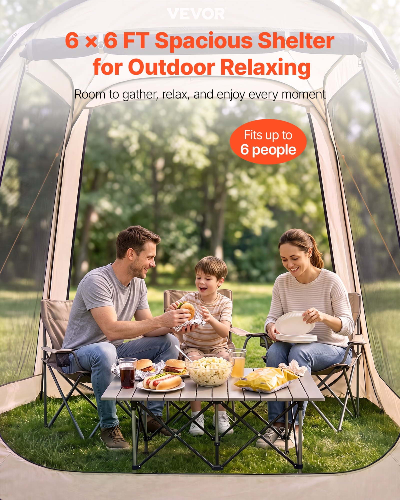 VEVOR Tenda da Campeggio Trasparente con Finestra 1825 x 1825 x 2200 mm Tenda Gazebo a Baldacchino per 4-6 Persone, con Borsa per il Trasporto, Lati in Rete, per Patio e Attività all'Aperto, Beige