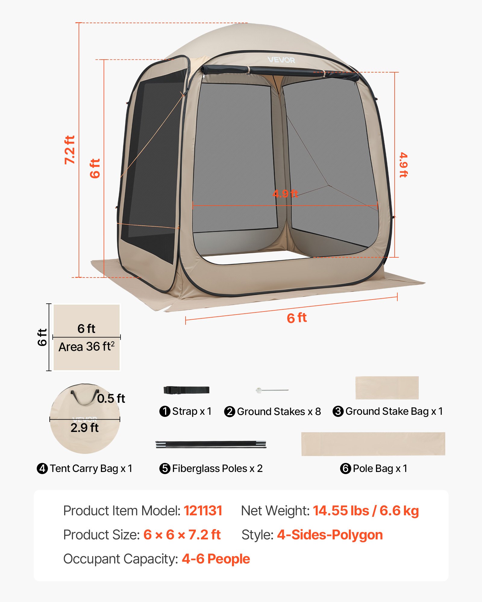 VEVOR Tenda da Campeggio Trasparente con Finestra 1825 x 1825 x 2200 mm Tenda Gazebo a Baldacchino per 4-6 Persone, con Borsa per il Trasporto, Lati in Rete, per Patio e Attività all'Aperto, Beige