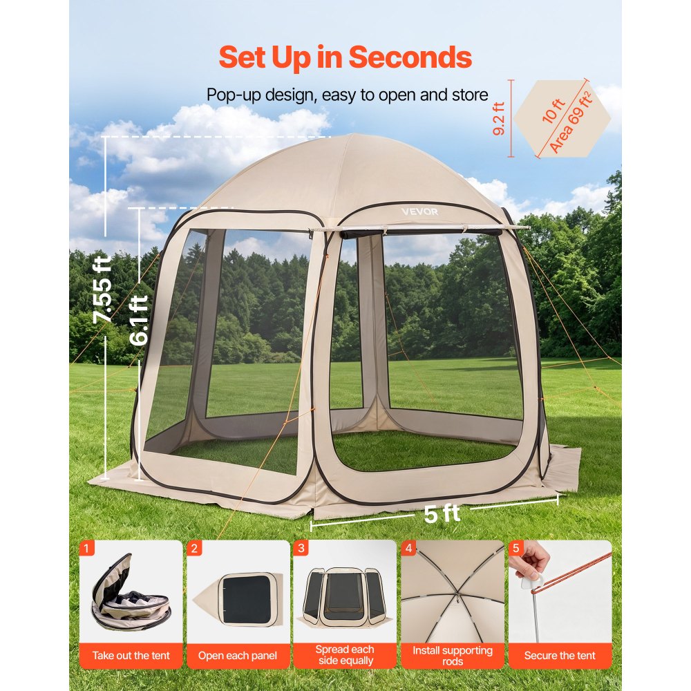VEVOR Tenda da Campeggio Trasparente con Finestra 3030 x 2650 x 2300 mm per 4-8 Persone con Tendalino Esteso, con Borsa per il Trasporto, Lati in Rete, per Patio e Attività all'Aperto, Beige