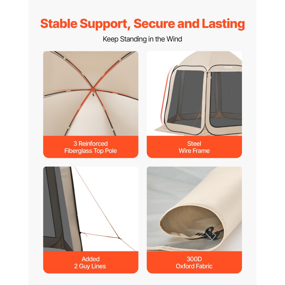 VEVOR Tenda da Campeggio Trasparente con Finestra 3030 x 2650 x 2300 mm per 4-8 Persone con Tendalino Esteso, con Borsa per il Trasporto, Lati in Rete, per Patio e Attività all'Aperto, Beige