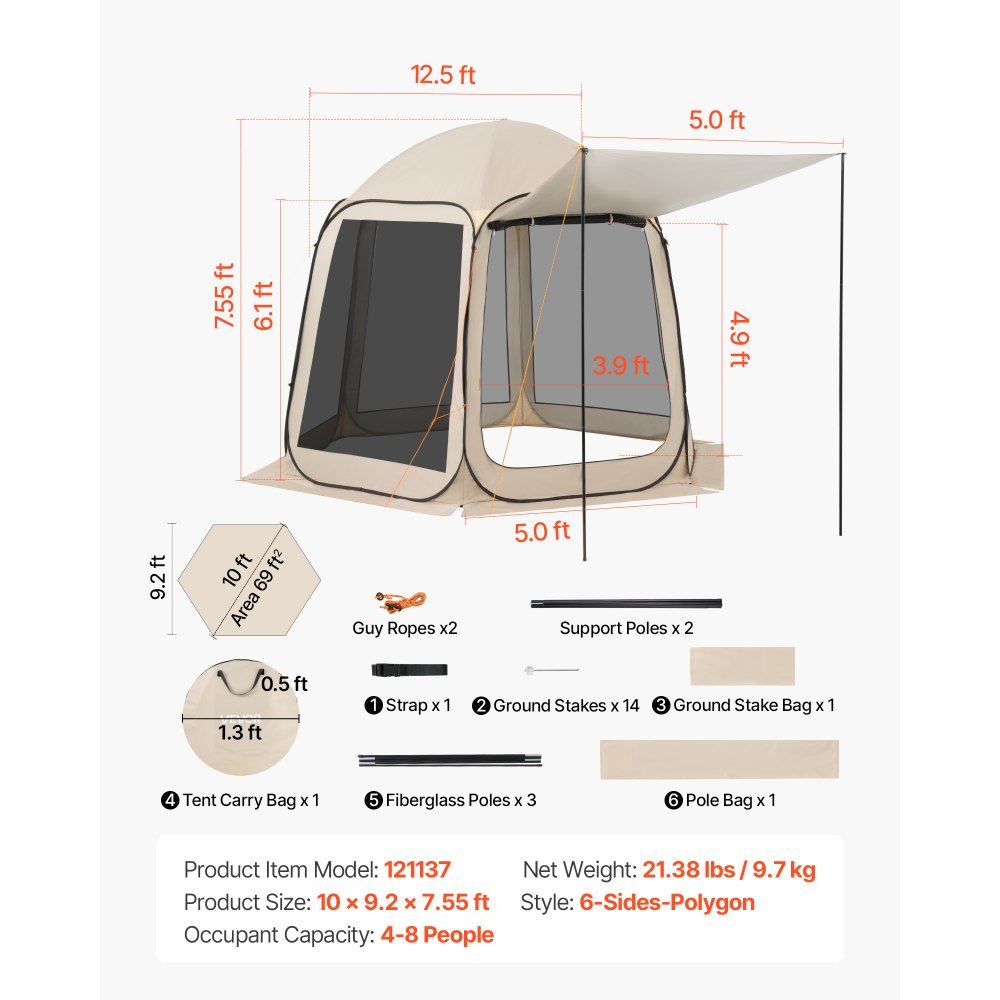 VEVOR Tenda da Campeggio Trasparente con Finestra 3030 x 2650 x 2300 mm per 4-8 Persone con Tendalino Esteso, con Borsa per il Trasporto, Lati in Rete, per Patio e Attività all'Aperto, Beige