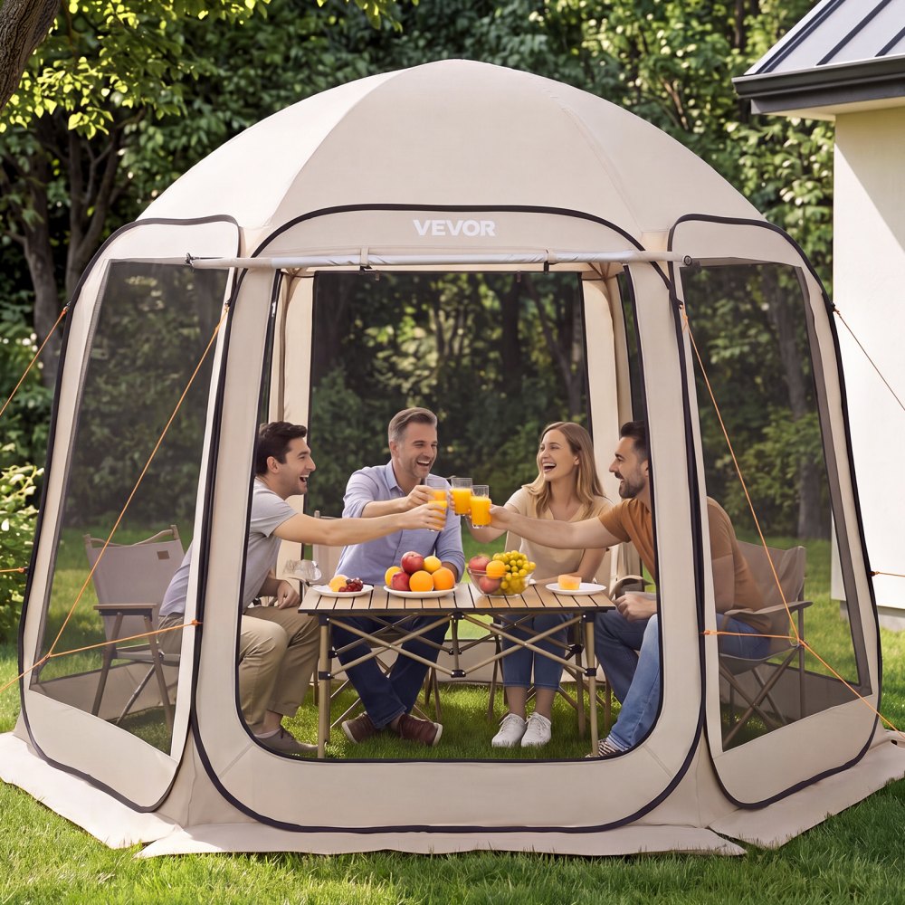 VEVOR Tenda da Campeggio Trasparente con Finestra 3030 x 2650 x 2300 mm per 4-8 Persone con Tendalino Esteso, con Borsa per il Trasporto, Lati in Rete, per Patio e Attività all'Aperto, Beige