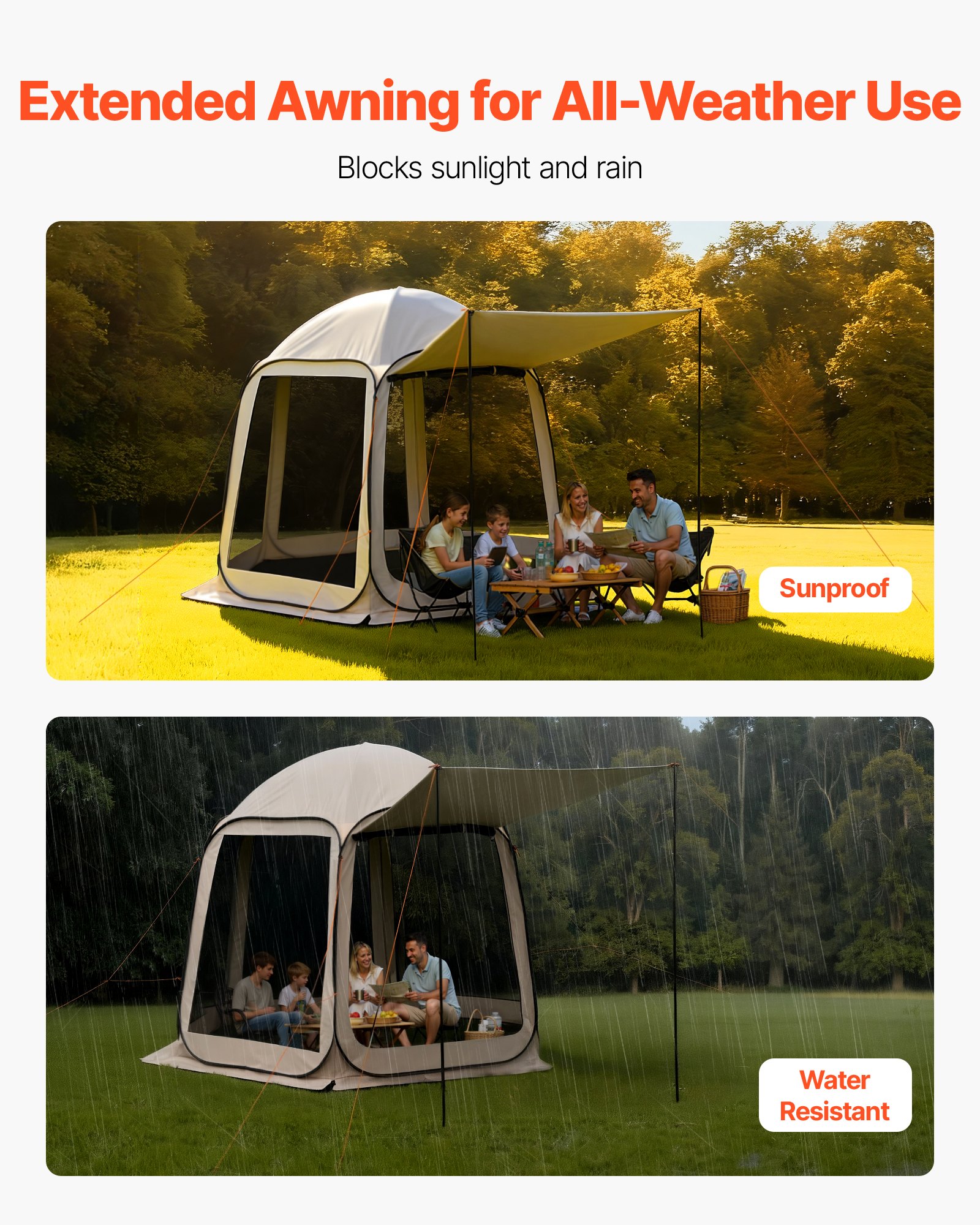 VEVOR Tenda da Campeggio Trasparente con Finestra 3030 x 2650 x 2300 mm per 4-8 Persone con Tendalino Esteso, con Borsa per il Trasporto, Lati in Rete, per Patio e Attività all'Aperto, Beige