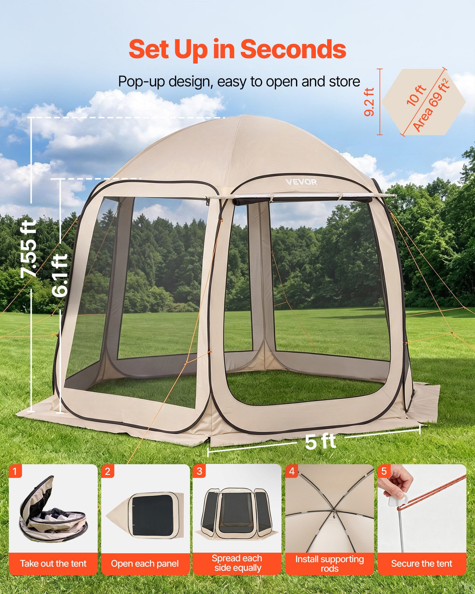 VEVOR Tenda da Campeggio Trasparente con Finestra 3030 x 2650 x 2300 mm per 4-8 Persone con Tendalino Esteso, con Borsa per il Trasporto, Lati in Rete, per Patio e Attività all'Aperto, Beige