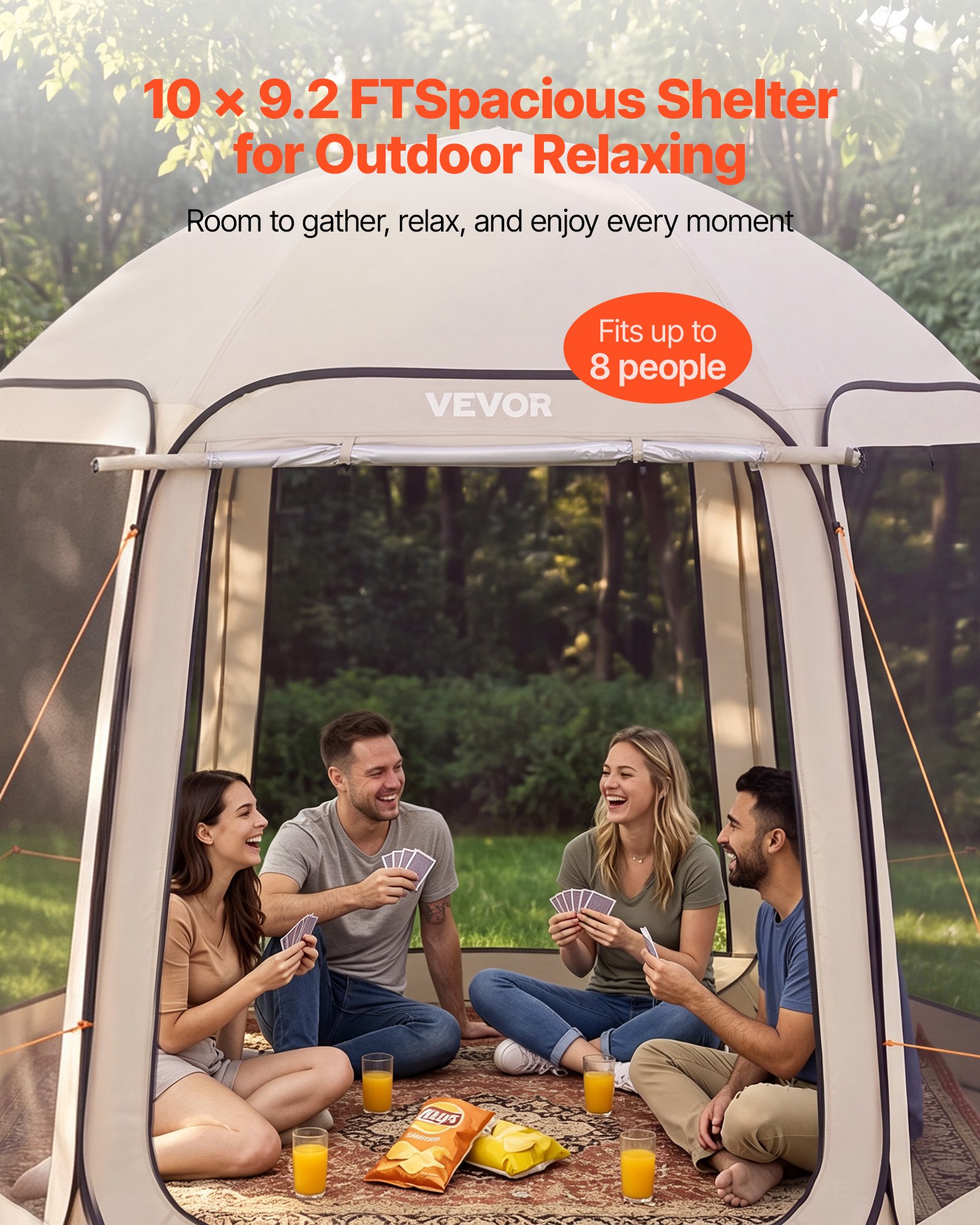 VEVOR Tenda da Campeggio Trasparente con Finestra 3030 x 2650 x 2300 mm per 4-8 Persone con Tendalino Esteso, con Borsa per il Trasporto, Lati in Rete, per Patio e Attività all'Aperto, Beige
