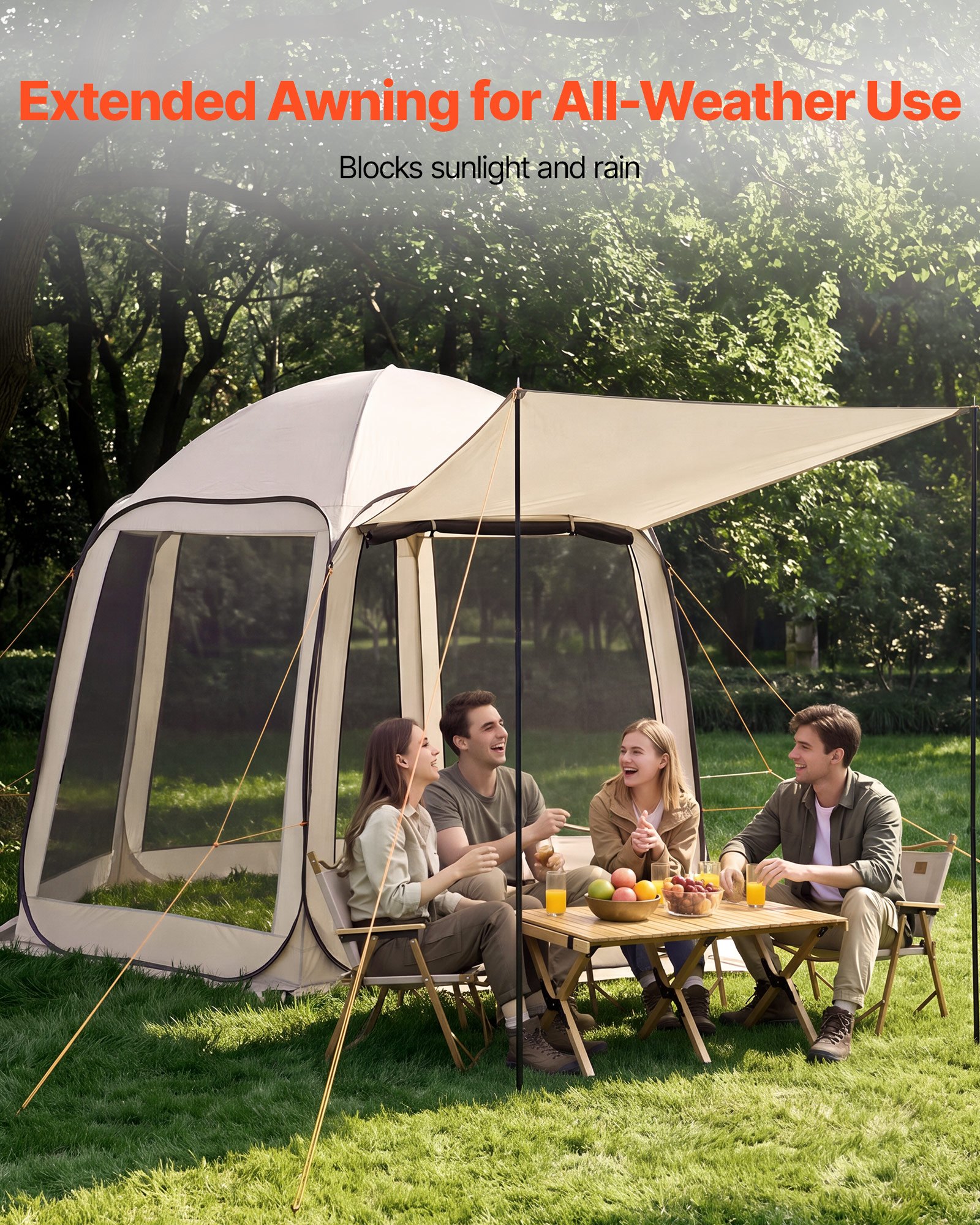 VEVOR Tenda da Campeggio Trasparente con Finestra 3030 x 2650 x 2300 mm per 4-8 Persone con Tendalino Esteso, con Borsa per il Trasporto, Lati in Rete, per Patio e Attività all'Aperto, Beige