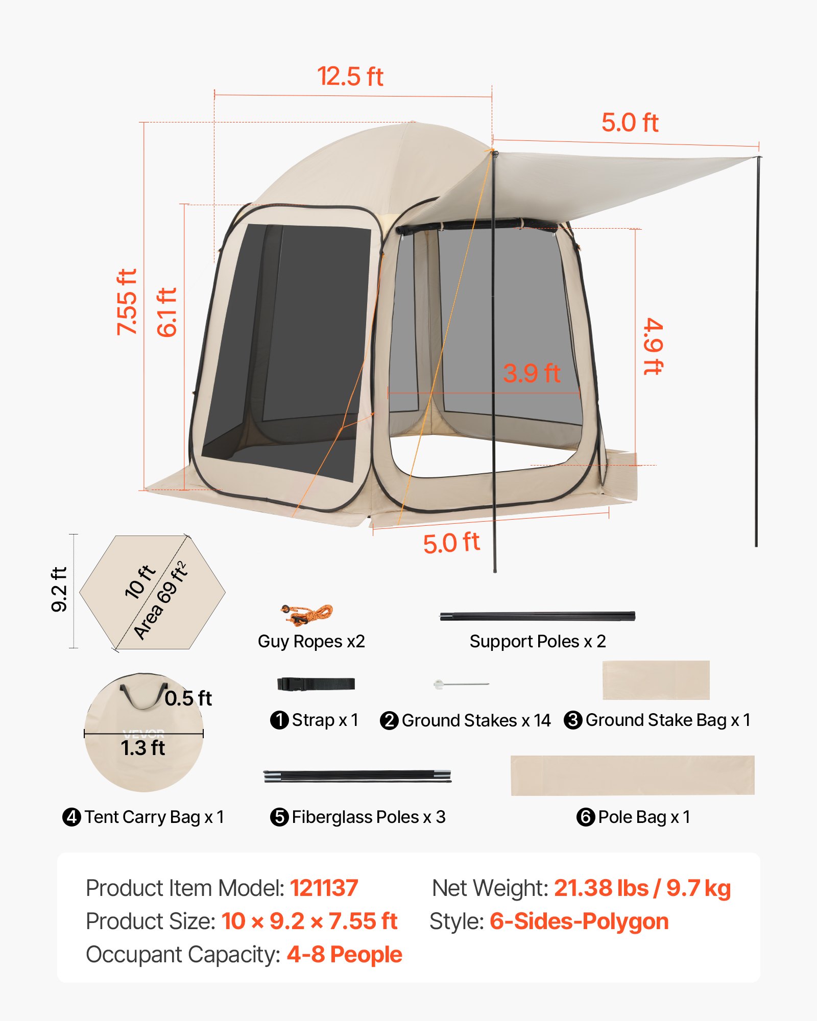 VEVOR Tenda da Campeggio Trasparente con Finestra 3030 x 2650 x 2300 mm per 4-8 Persone con Tendalino Esteso, con Borsa per il Trasporto, Lati in Rete, per Patio e Attività all'Aperto, Beige