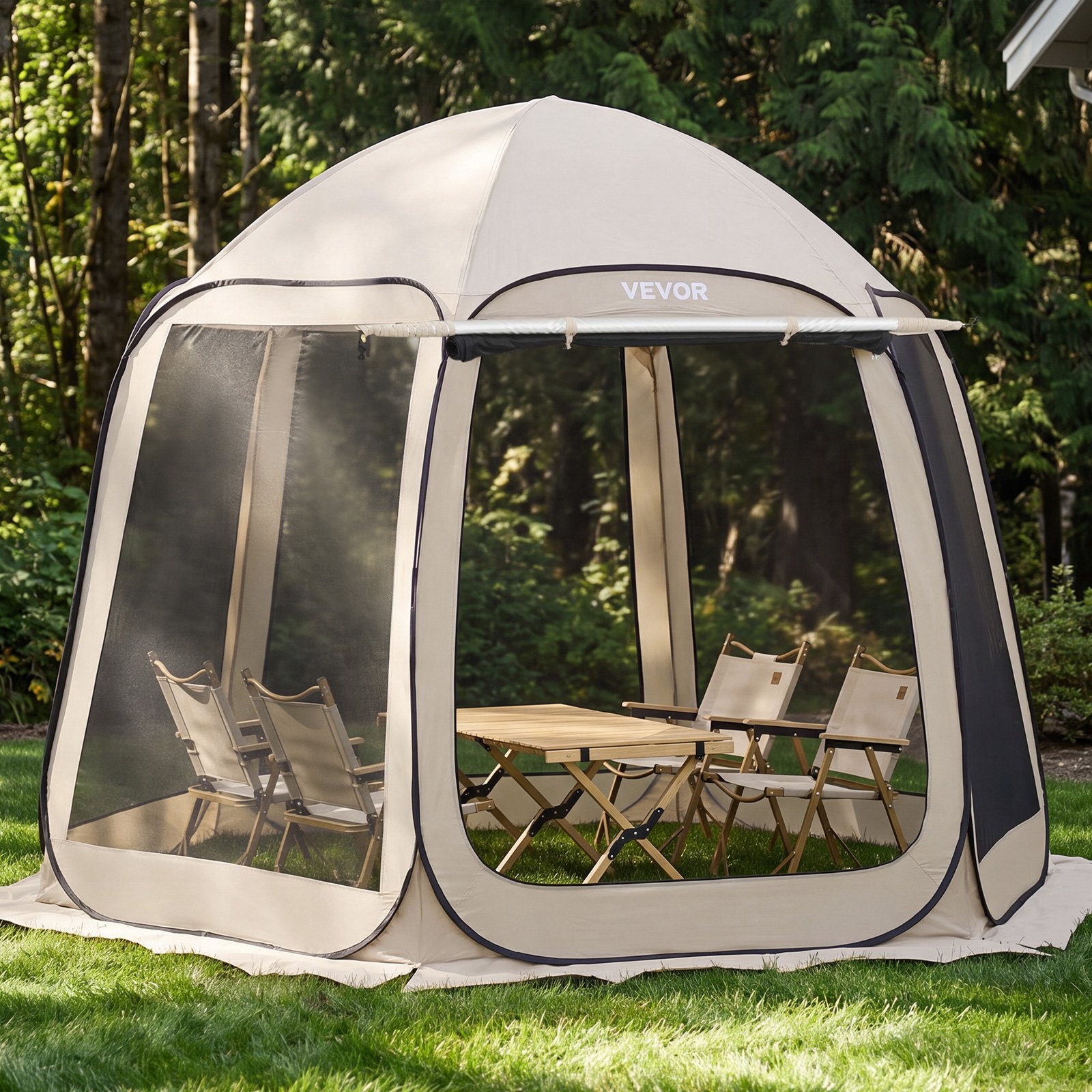 VEVOR Tenda da Campeggio Trasparente con Finestra 3030 x 2650 x 2300 mm per 4-8 Persone con Tendalino Esteso, con Borsa per il Trasporto, Lati in Rete, per Patio e Attività all'Aperto, Beige