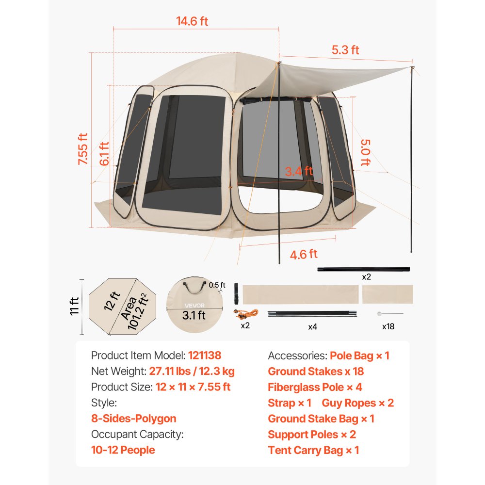 VEVOR Tenda da Campeggio Trasparente con Finestra 3660 x 3380 x 2300 mm per 10-12 Persone con Tendalino Esteso, con Borsa per il Trasporto, Lati in Rete, per Patio e Attività all'Aperto, Beige