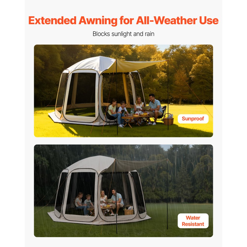 VEVOR Screen House Tent, 3660 x 3380 x 2300 mm, 10-12 Person Pop Up Screen Tent with Extended Awning, Portable Screened in Canopy with Carry Bag, Netting Sides, for Patio, Outdoor Activities, Beige