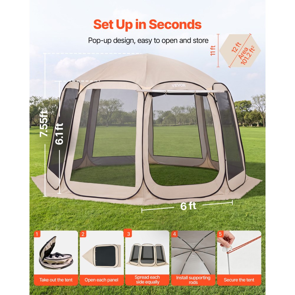 VEVOR Tenda da Campeggio Trasparente con Finestra 3660 x 3380 x 2300 mm per 10-12 Persone con Tendalino Esteso, con Borsa per il Trasporto, Lati in Rete, per Patio e Attività all'Aperto, Beige