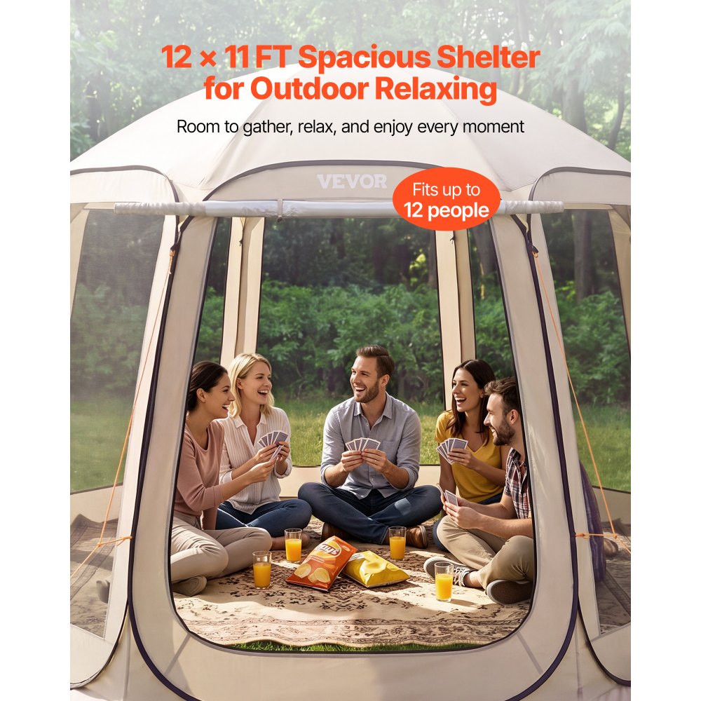 VEVOR Tenda da Campeggio Trasparente con Finestra 3660 x 3380 x 2300 mm per 10-12 Persone con Tendalino Esteso, con Borsa per il Trasporto, Lati in Rete, per Patio e Attività all'Aperto, Beige