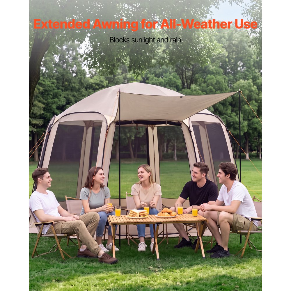 VEVOR Tenda da Campeggio Trasparente con Finestra 3660 x 3380 x 2300 mm per 10-12 Persone con Tendalino Esteso, con Borsa per il Trasporto, Lati in Rete, per Patio e Attività all'Aperto, Beige