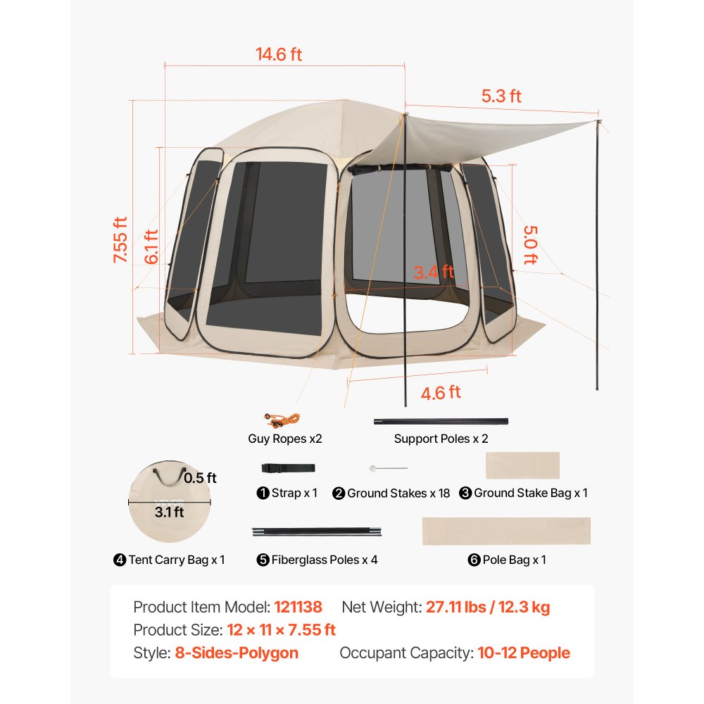 VEVOR Tenda da Campeggio Trasparente con Finestra 3660 x 3380 x 2300 mm per 10-12 Persone con Tendalino Esteso, con Borsa per il Trasporto, Lati in Rete, per Patio e Attività all'Aperto, Beige