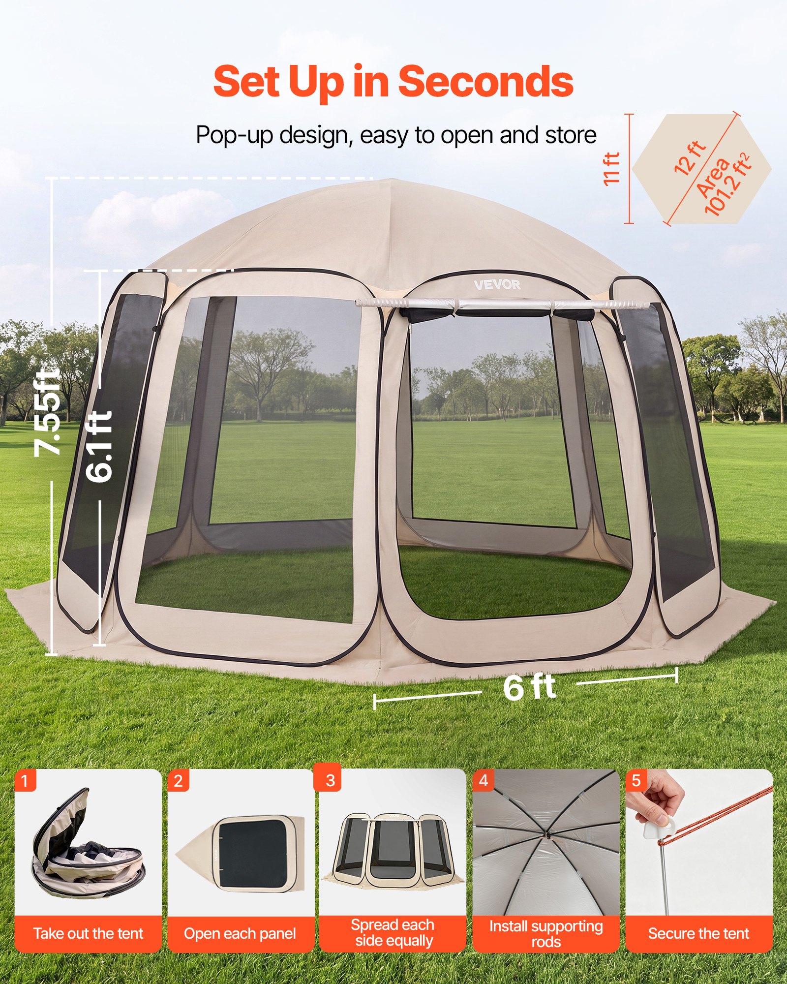VEVOR Tenda da Campeggio Trasparente con Finestra 3660 x 3380 x 2300 mm per 10-12 Persone con Tendalino Esteso, con Borsa per il Trasporto, Lati in Rete, per Patio e Attività all'Aperto, Beige