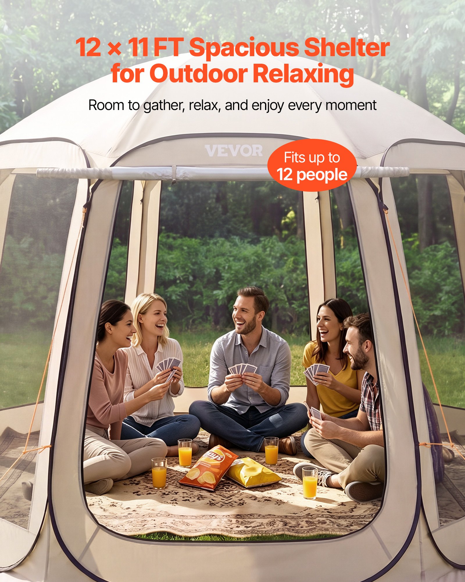 VEVOR Tenda da Campeggio Trasparente con Finestra 3660 x 3380 x 2300 mm per 10-12 Persone con Tendalino Esteso, con Borsa per il Trasporto, Lati in Rete, per Patio e Attività all'Aperto, Beige