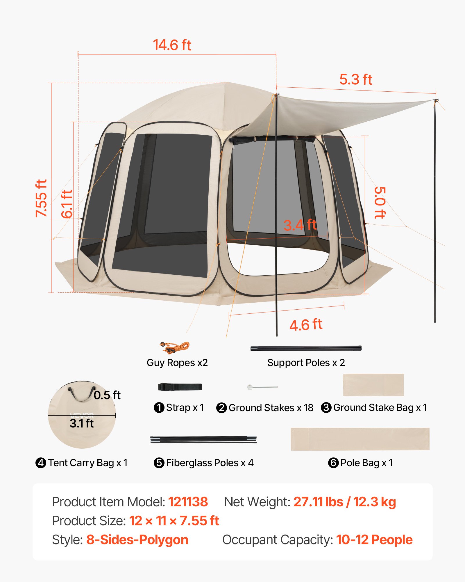 VEVOR Tenda da Campeggio Trasparente con Finestra 3660 x 3380 x 2300 mm per 10-12 Persone con Tendalino Esteso, con Borsa per il Trasporto, Lati in Rete, per Patio e Attività all'Aperto, Beige