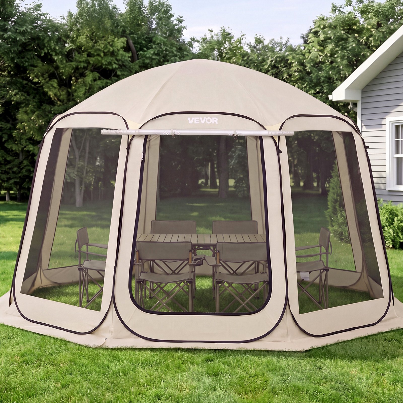 VEVOR Tenda da Campeggio Trasparente con Finestra 3660 x 3380 x 2300 mm per 10-12 Persone con Tendalino Esteso, con Borsa per il Trasporto, Lati in Rete, per Patio e Attività all'Aperto, Beige