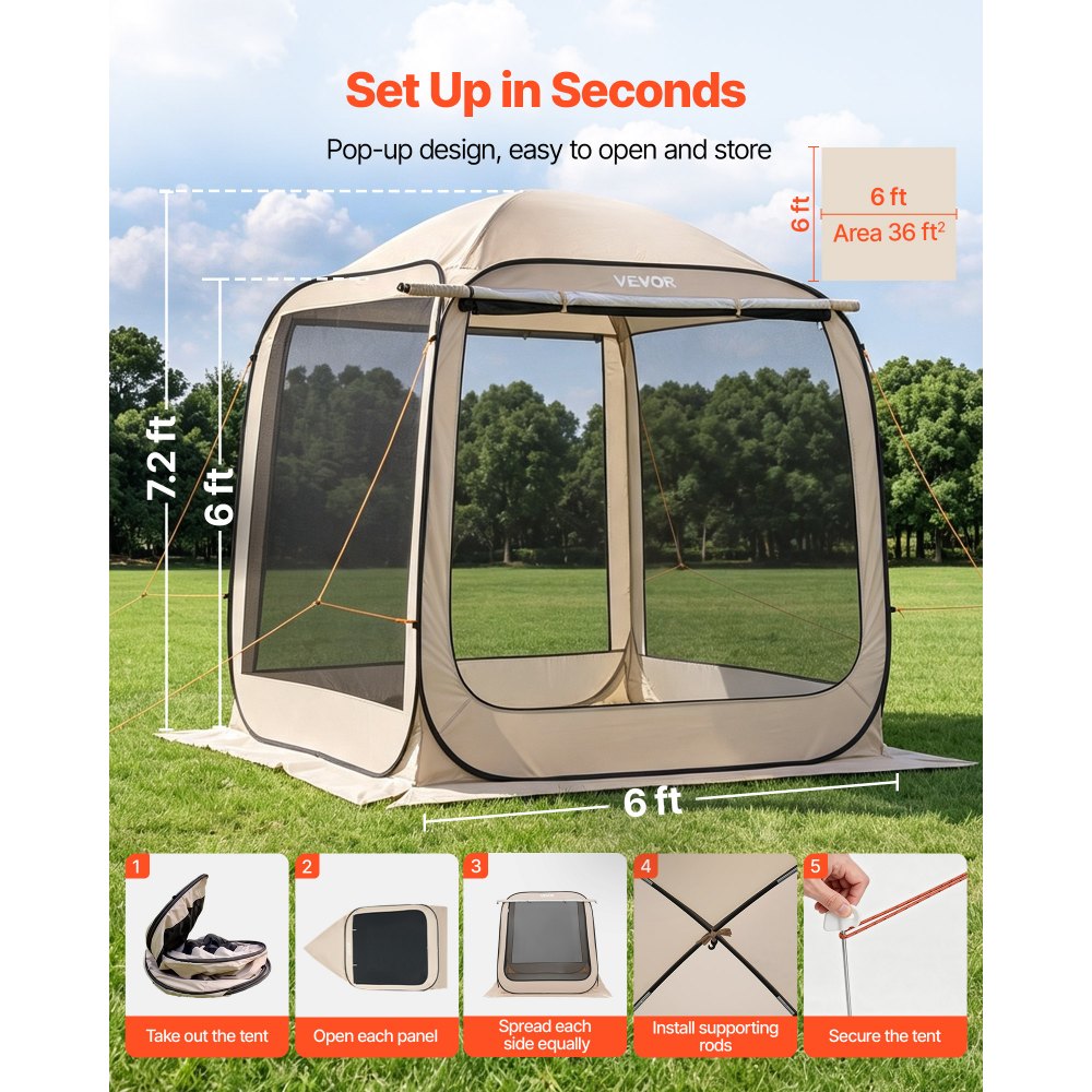 VEVOR Tenda da Campeggio Trasparente con Finestra 1825 x 1825 x 2200 mm per 4-6 Persone con Tendalino Esteso, con Borsa per il Trasporto, Lati in Rete, per Patio e Attività all'Aperto, Beige