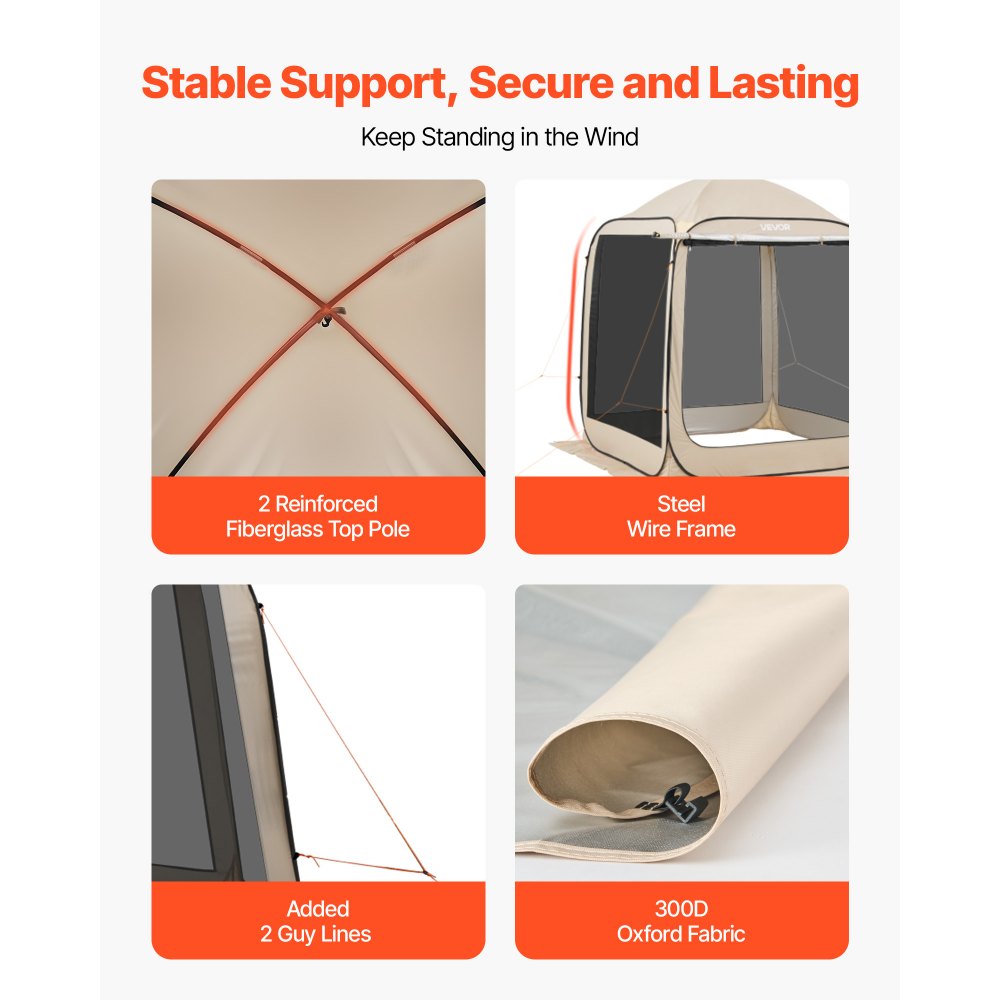 VEVOR Tenda da Campeggio Trasparente con Finestra 1825 x 1825 x 2200 mm per 4-6 Persone con Tendalino Esteso, con Borsa per il Trasporto, Lati in Rete, per Patio e Attività all'Aperto, Beige
