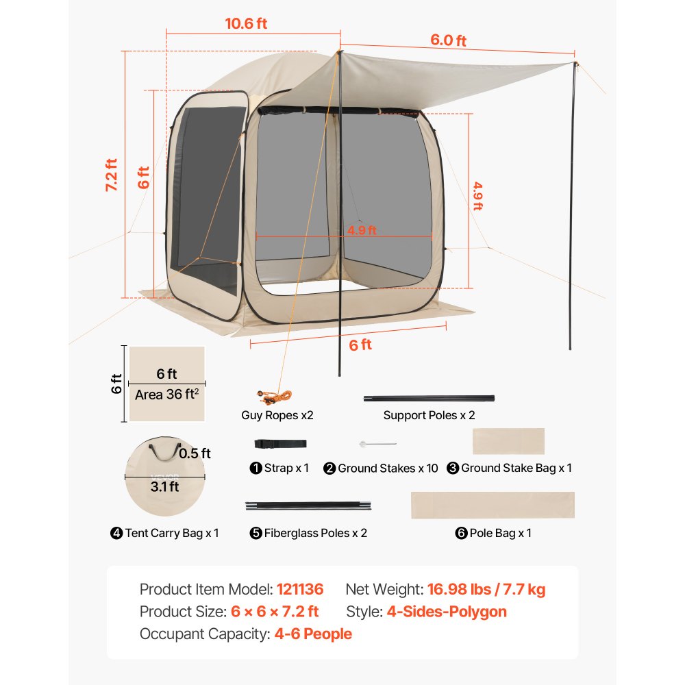 VEVOR Tenda da Campeggio Trasparente con Finestra 1825 x 1825 x 2200 mm per 4-6 Persone con Tendalino Esteso, con Borsa per il Trasporto, Lati in Rete, per Patio e Attività all'Aperto, Beige