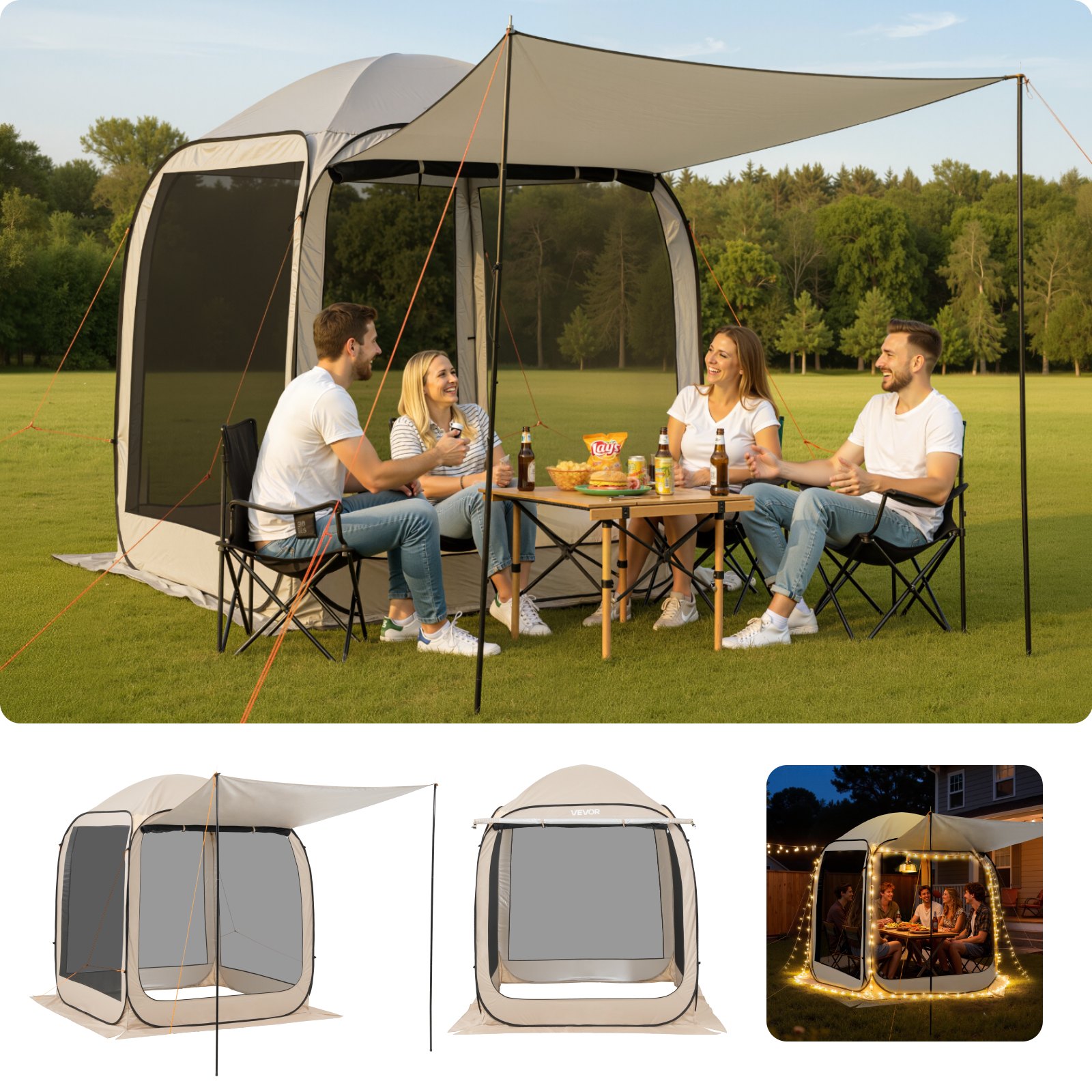 VEVOR Tenda da Campeggio Trasparente con Finestra 1825 x 1825 x 2200 mm per 4-6 Persone con Tendalino Esteso, con Borsa per il Trasporto, Lati in Rete, per Patio e Attività all'Aperto, Beige
