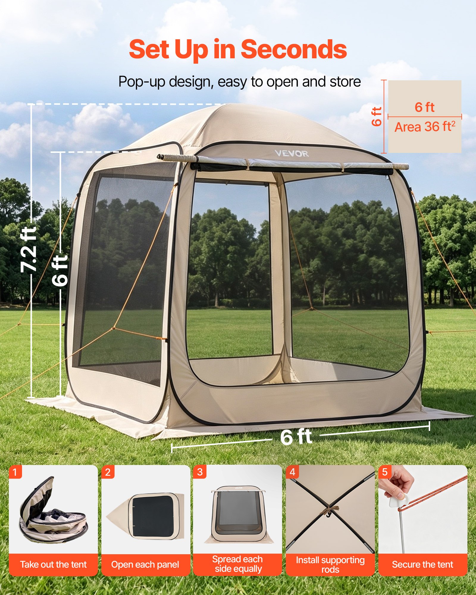 VEVOR Tenda da Campeggio Trasparente con Finestra 1825 x 1825 x 2200 mm per 4-6 Persone con Tendalino Esteso, con Borsa per il Trasporto, Lati in Rete, per Patio e Attività all'Aperto, Beige