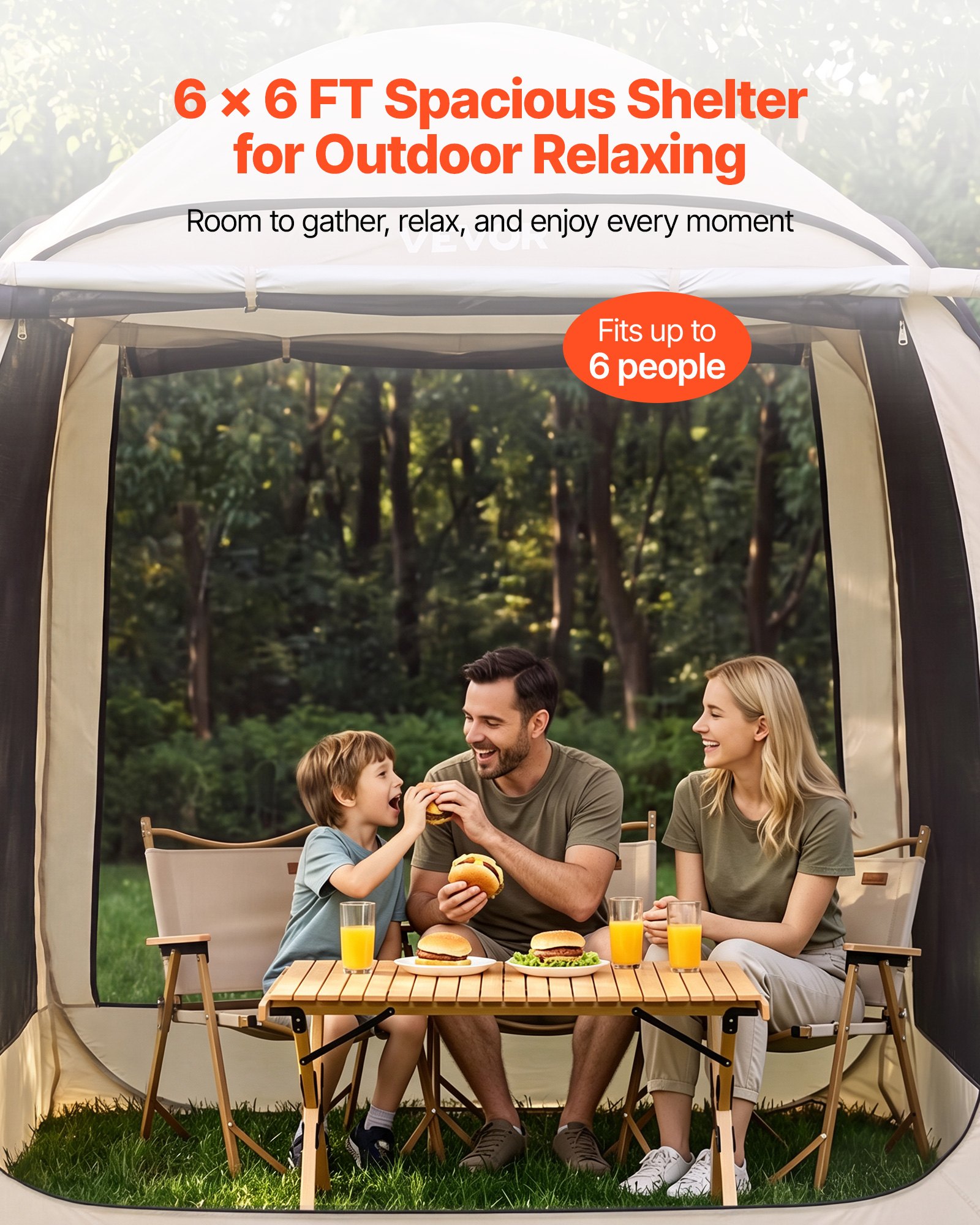 VEVOR Tenda da Campeggio Trasparente con Finestra 1825 x 1825 x 2200 mm per 4-6 Persone con Tendalino Esteso, con Borsa per il Trasporto, Lati in Rete, per Patio e Attività all'Aperto, Beige