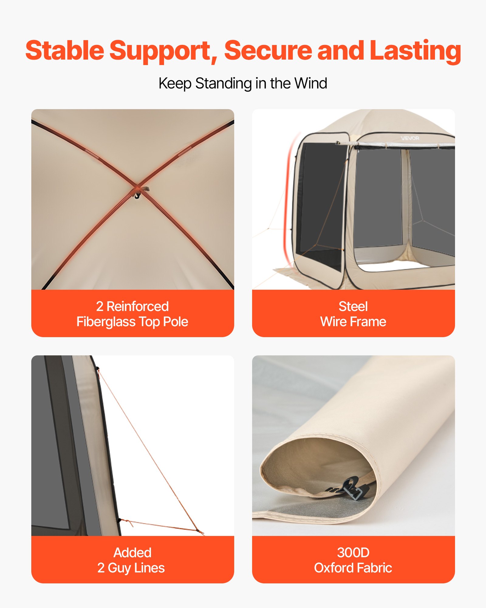 VEVOR Tenda da Campeggio Trasparente con Finestra 1825 x 1825 x 2200 mm per 4-6 Persone con Tendalino Esteso, con Borsa per il Trasporto, Lati in Rete, per Patio e Attività all'Aperto, Beige