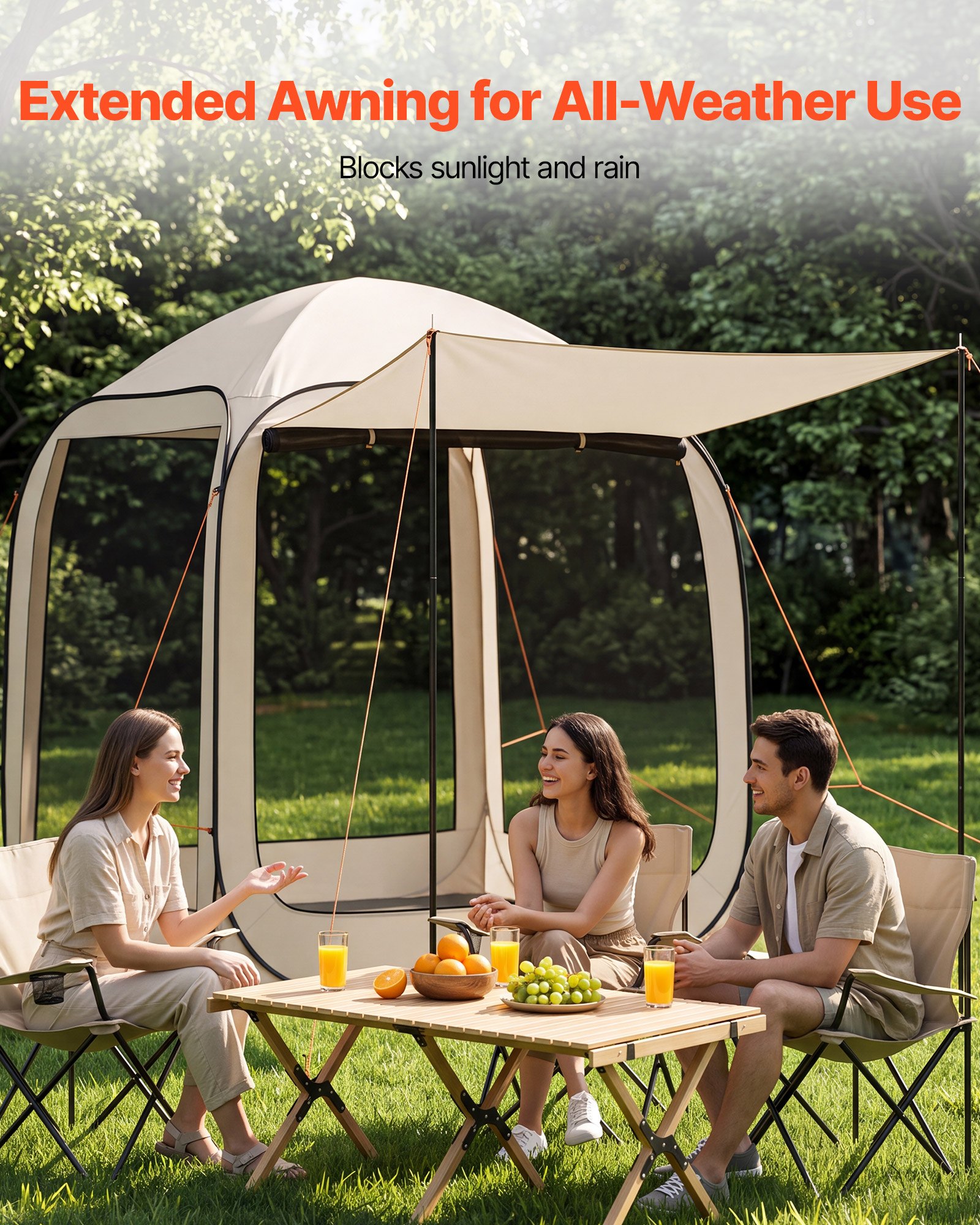 VEVOR Tenda da Campeggio Trasparente con Finestra 1825 x 1825 x 2200 mm per 4-6 Persone con Tendalino Esteso, con Borsa per il Trasporto, Lati in Rete, per Patio e Attività all'Aperto, Beige