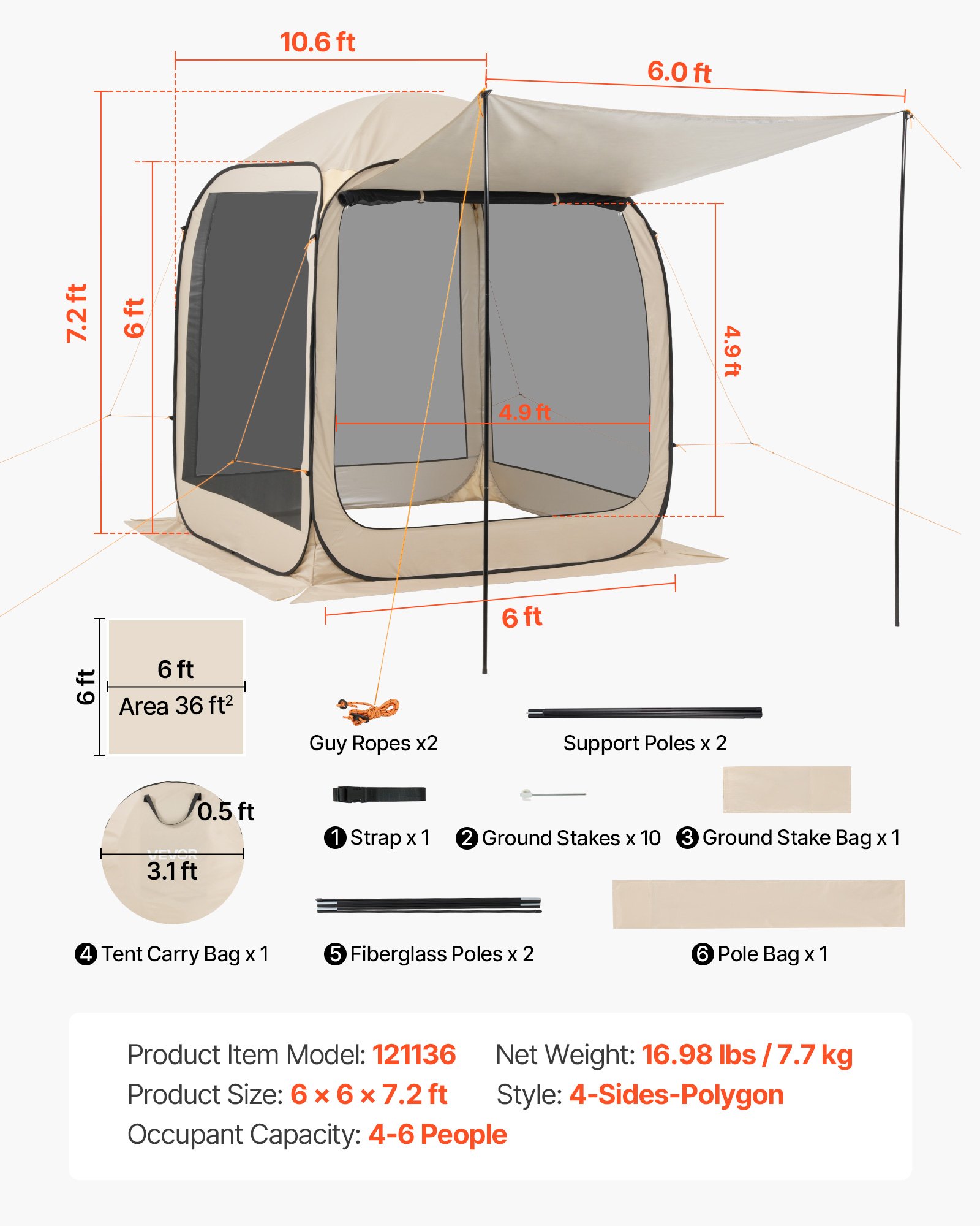 VEVOR Tenda da Campeggio Trasparente con Finestra 1825 x 1825 x 2200 mm per 4-6 Persone con Tendalino Esteso, con Borsa per il Trasporto, Lati in Rete, per Patio e Attività all'Aperto, Beige