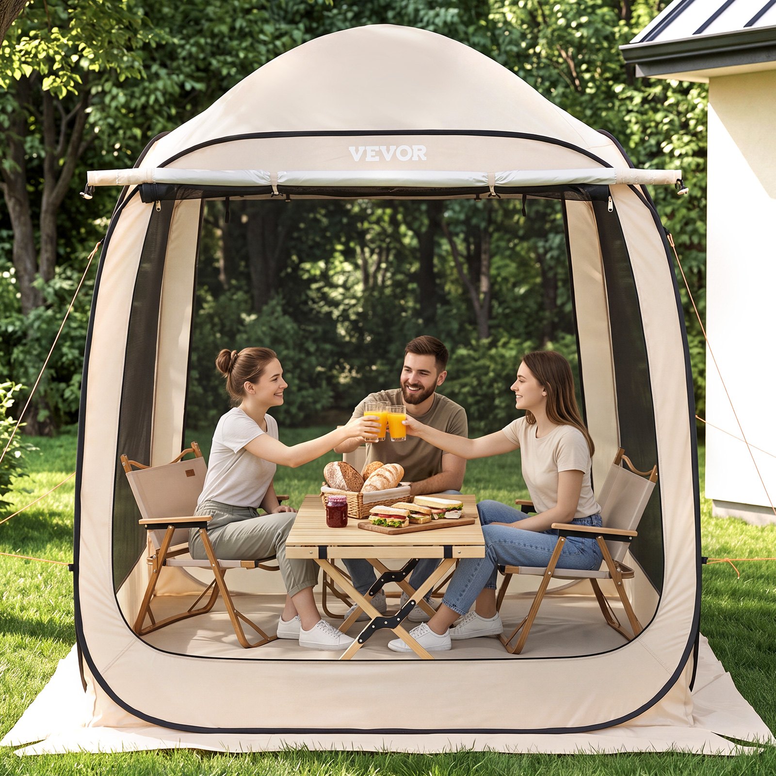 VEVOR Tenda da Campeggio Trasparente con Finestra 1825 x 1825 x 2200 mm per 4-6 Persone con Tendalino Esteso, con Borsa per il Trasporto, Lati in Rete, per Patio e Attività all'Aperto, Beige