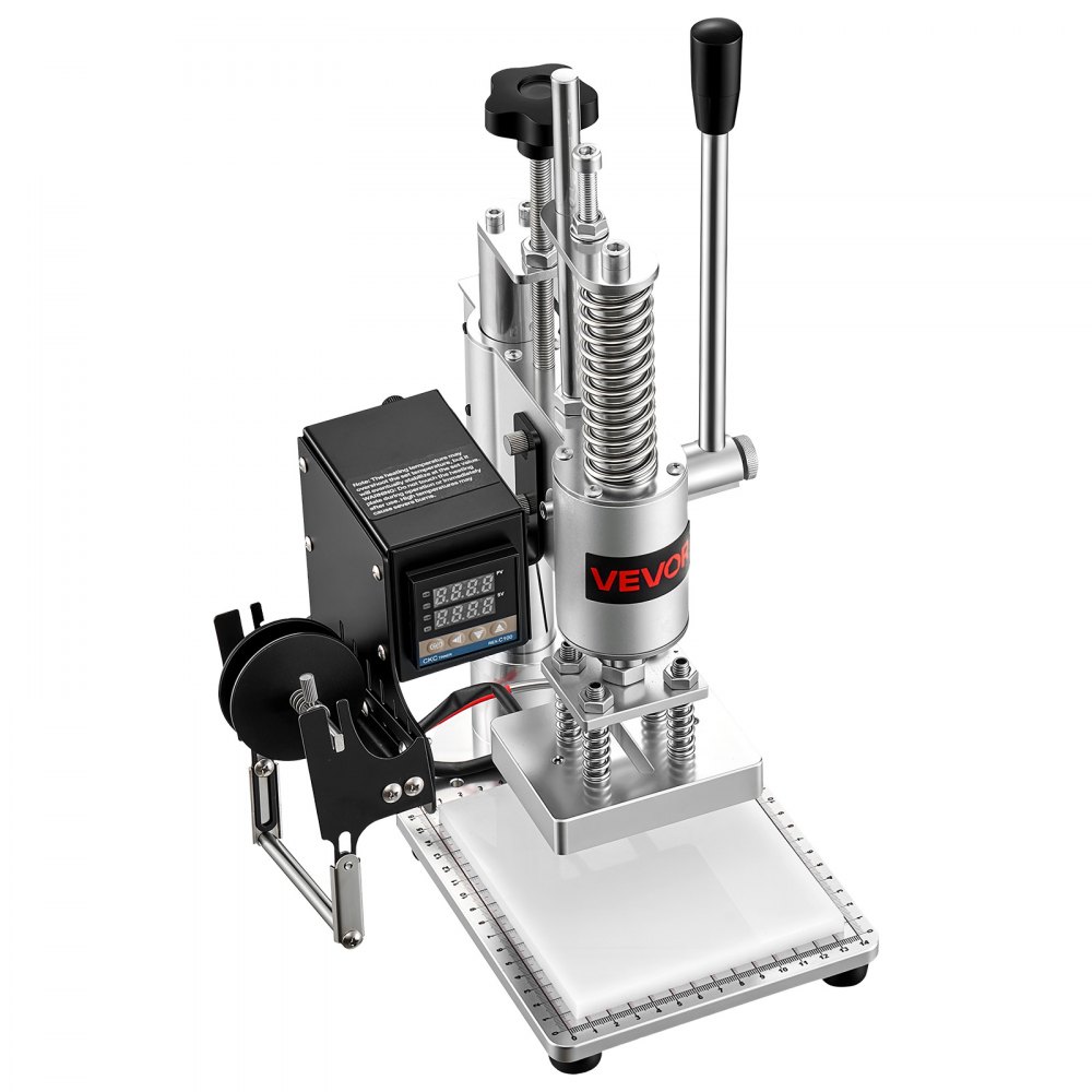 VEVOR Macchina per Stampa e Punzonatura a Caldo di Dimensioni 10 x 10 cm, per Lavorazione Cuoio, Pressione 160 kg, Corsa 40 mm, Fissaggio del Mandrino, con Pannello di Controllo Digitale Temperatura