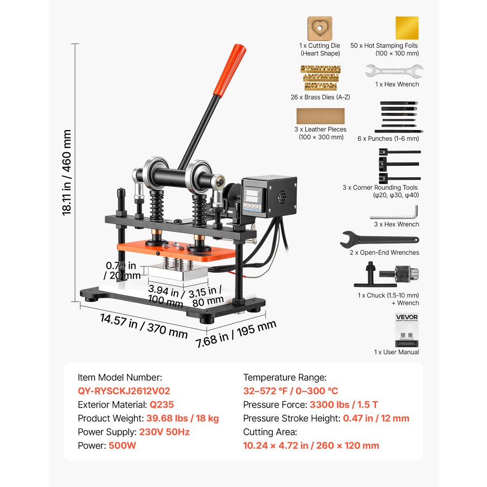VEVOR Macchina da Taglio Cuoio Riscaldata Dimensioni Piastra 260 x 120 mm, per Stampaggio Goffratura Fustellatura Pelle, Pressione 1,5 T, Corsa 12 mm, Doppi Alberi Guida, Pannello Controllo Digitale