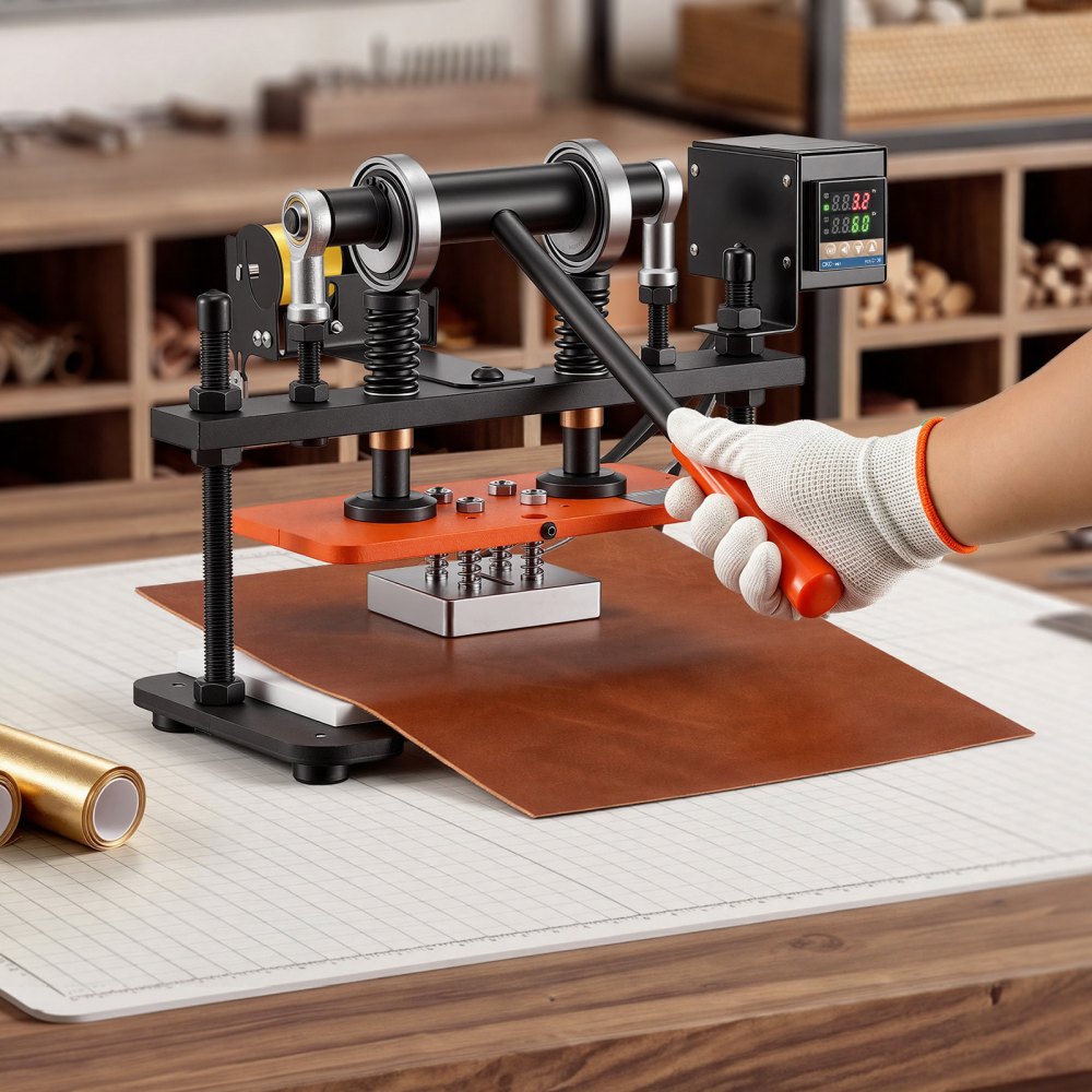 VEVOR Macchina da Taglio Cuoio Riscaldata Dimensioni Piastra 260 x 120 mm, per Stampaggio Goffratura Fustellatura Pelle, Pressione 1,5 T, Corsa 12 mm, Doppi Alberi Guida, Pannello Controllo Digitale