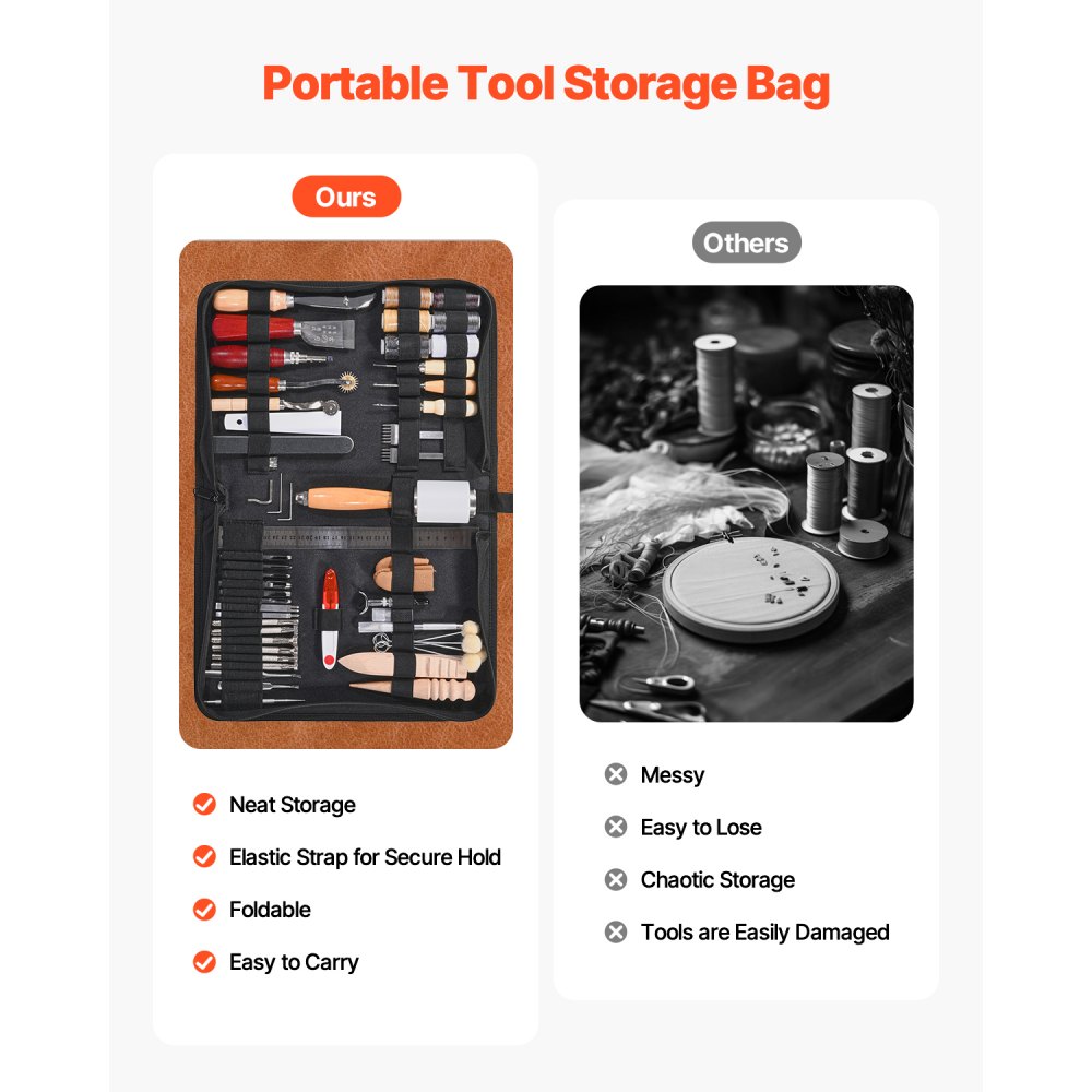 VEVOR Kit di Utensili per Lavorazione della Pelle, 59 Pezzi, Utensili per Lavorazione della Pelle con Borsa Portaoggetti Portatile in Tela, per Incisione, Punzonatura, Cucito, Timbratura, Levigatura