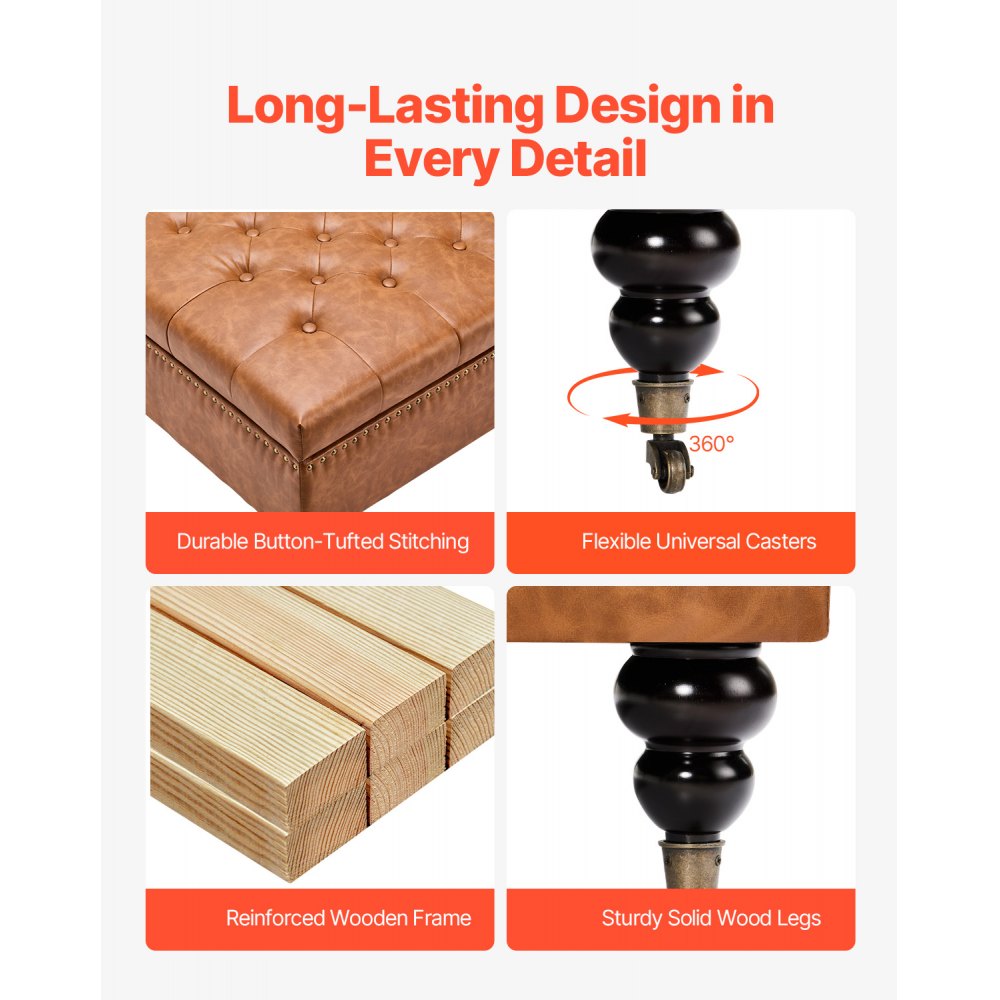 VEVOR Cassapanca Poggiapiedi Contenitore, Quadrato da 79-86 cm con Imbottito e Trapuntato, Bottoni, Ruote Piroettanti, in Similpelle e Spugna ad Alta Densità per Soggiorno, Dormitorio, Marrone