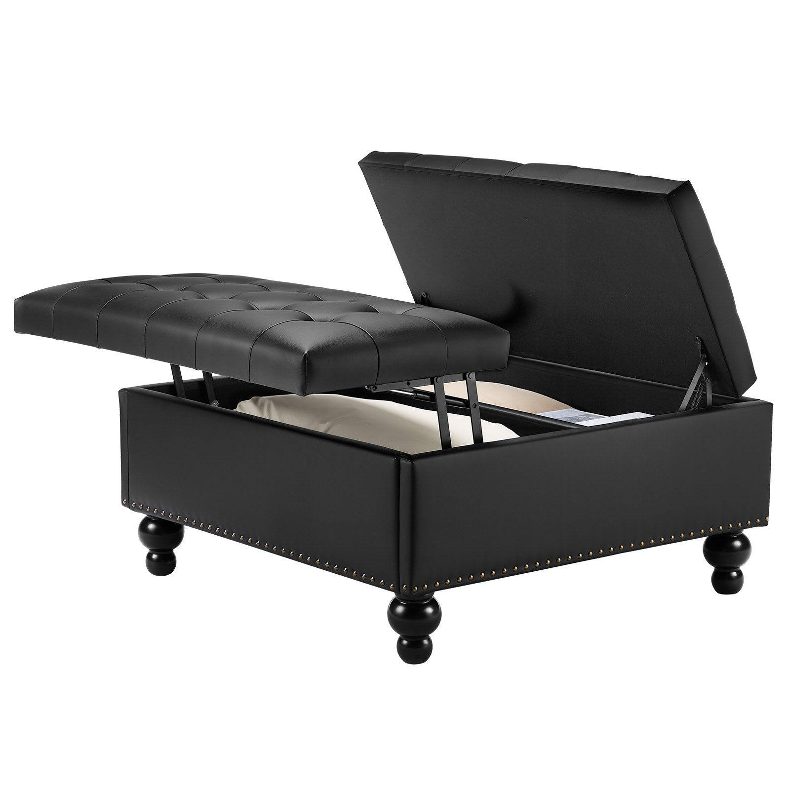 VEVOR Cassapanca Poggiapiedi Contenitore, Quadrato da 863-940 mm in Pelle PU e Spugna ad Alta Densità, con Tavolino da Caffè Imbottito, Bottone Trapuntato, Piano Sollevabile, per Soggiorno, Nero