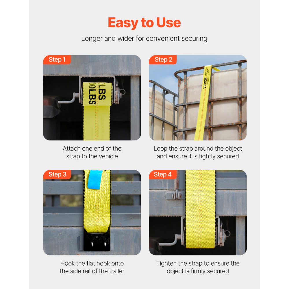 VEVOR Winch Straps, 4" x 30", 6000 lbs Load Capacity, 18000 lbs Breaking Strength, Flat Hook Truck Straps, Load Control for Trailers, Farms, Rescues, Tree Protectors, Yellow (10 Pack)
