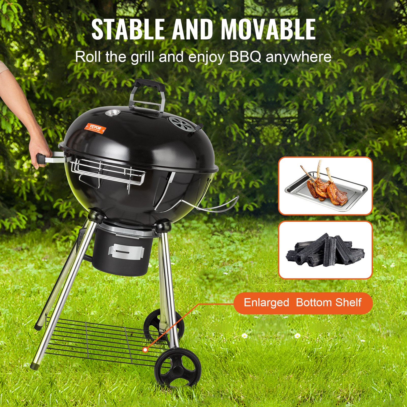 VEVOR Barbecue Bollitore Sferico a Carbonella con coperchio Portacenere da Campeggio Temeperatura Controllata Diametro 56cm Bollitore Sferico Barbecue a
